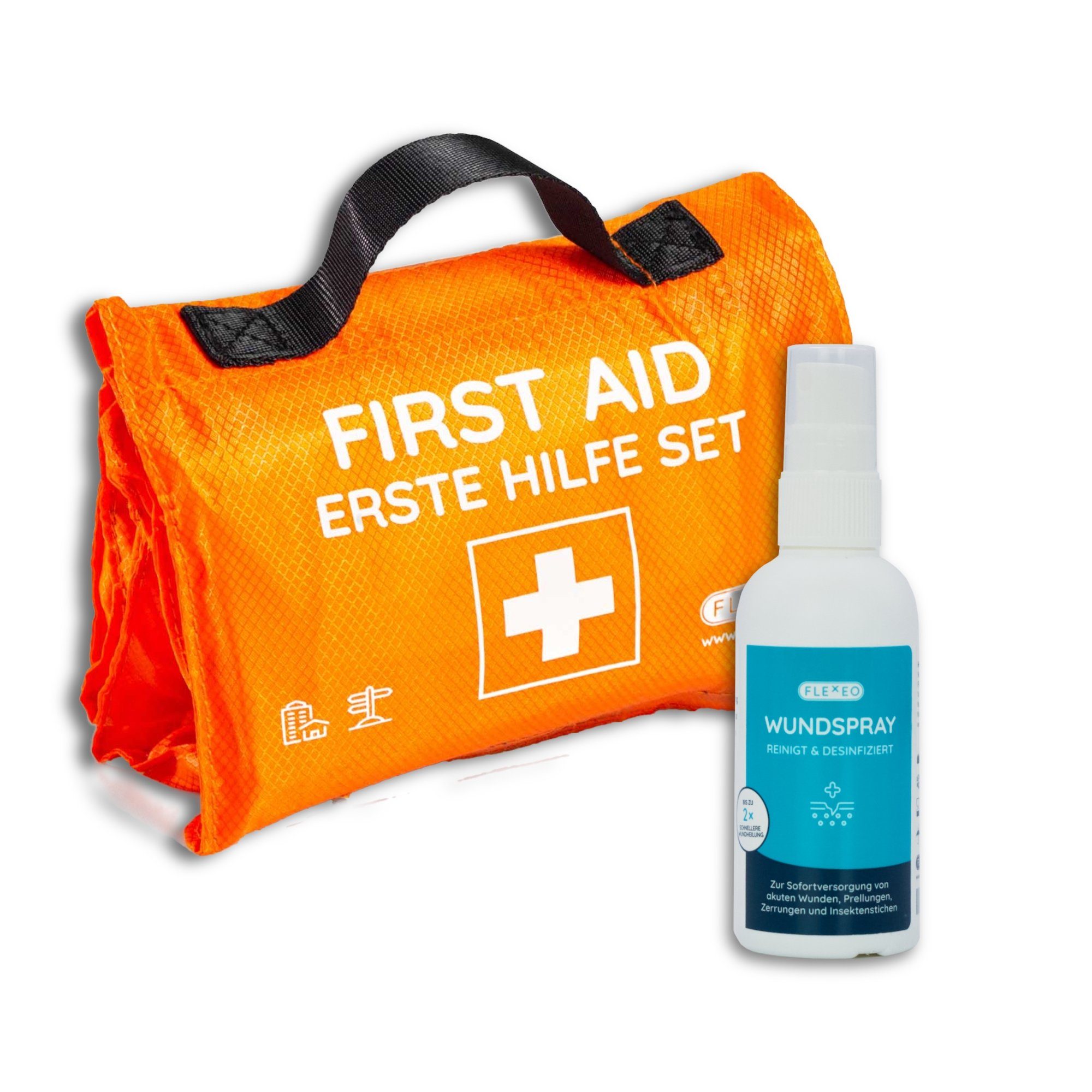 FLEXEO Erste-Hilfe-Set & Wundspray 75ml, (1 St), Verbandtasche mit  Tragegriff, orange