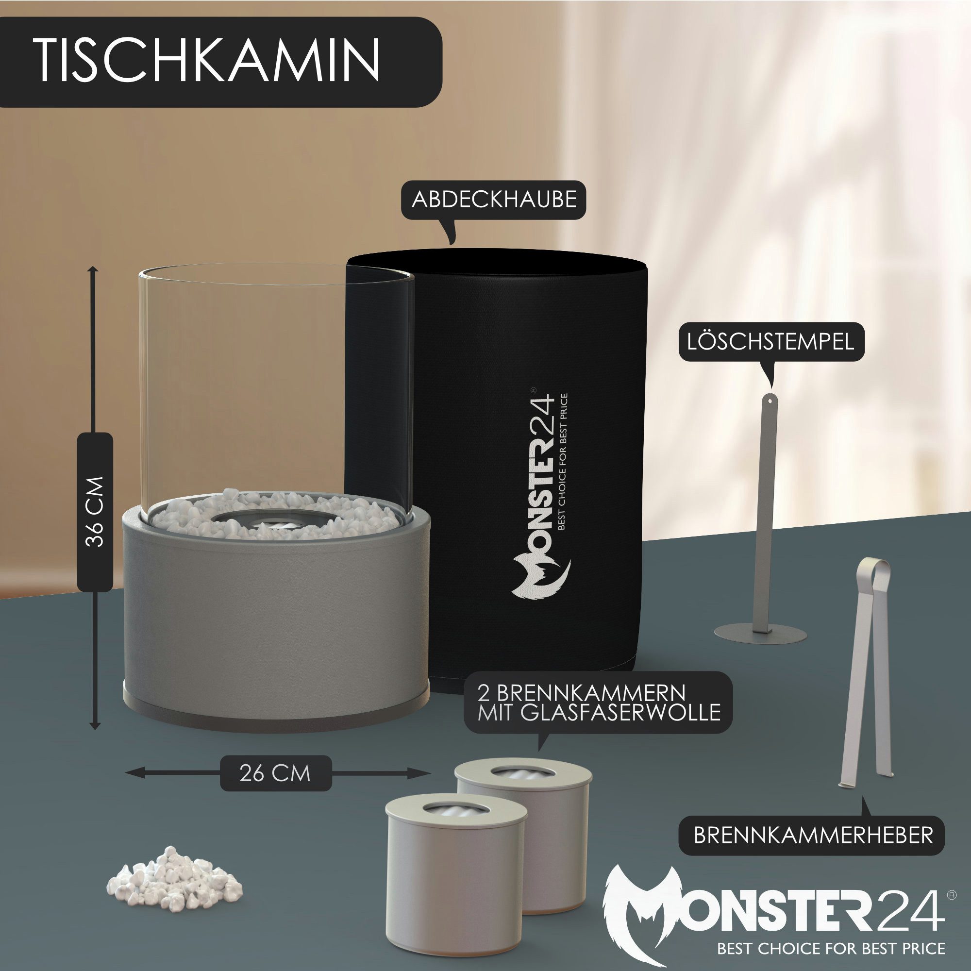 Monster24 Tischfeuer Bio-Ethanol Tischkamin für Indoor & Outdoor, Echtfeuer-Dekokamin (Höhe 36 cm / Durchmesser 26 cm)
