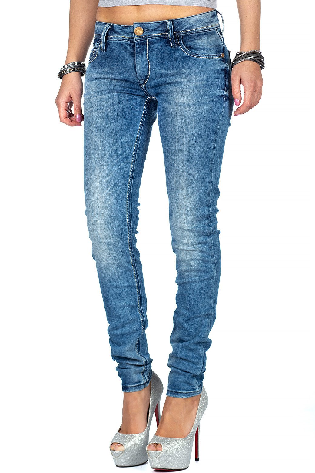 Cipo & Baxx Slim-fit-Jeans Damen Slim Fit Hose Stonewashed BA-WD344 Rosegoldene Knöpfe – Bild 3 von 5