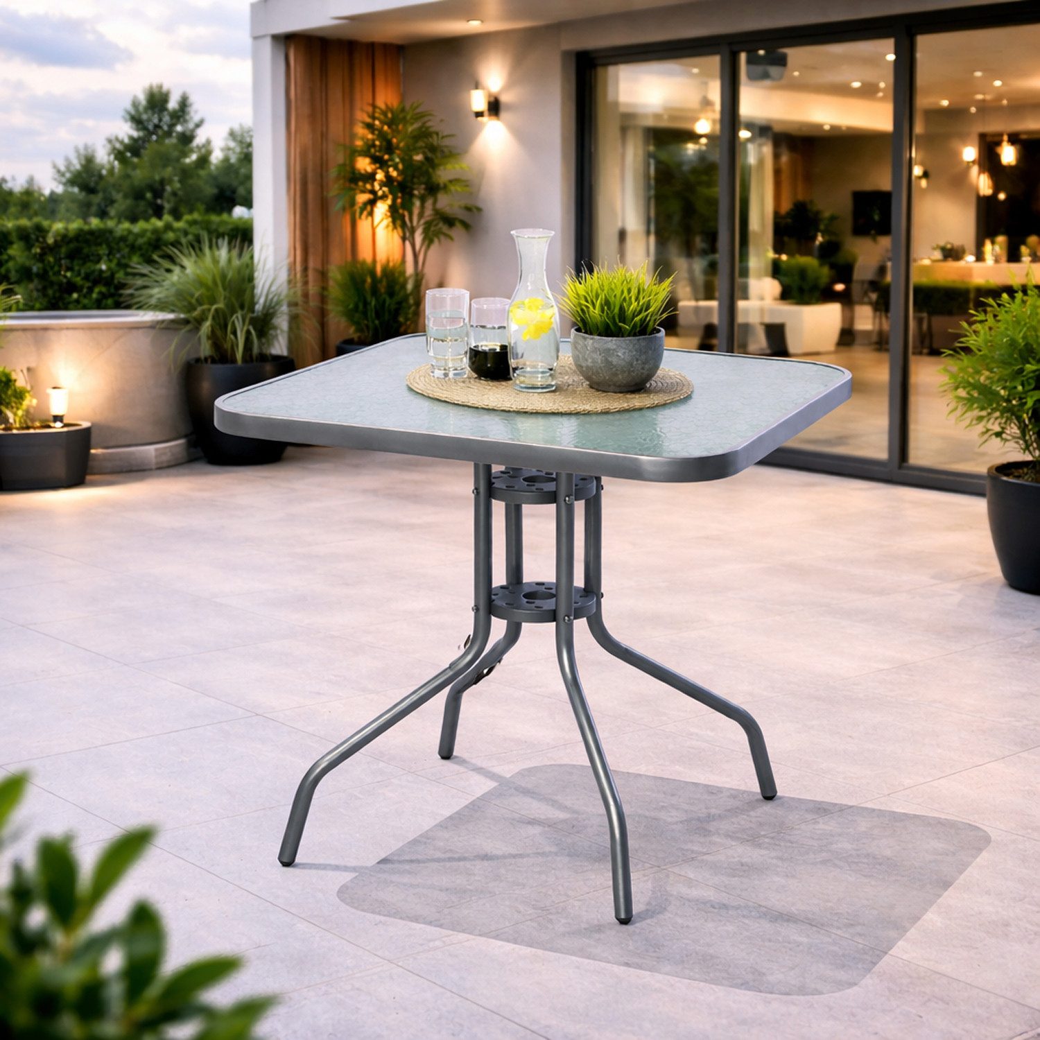 Mojawo Küchentisch Bistrotisch Balkontisch Gartentisch Tisch Silber Glas Metall 60x60cm