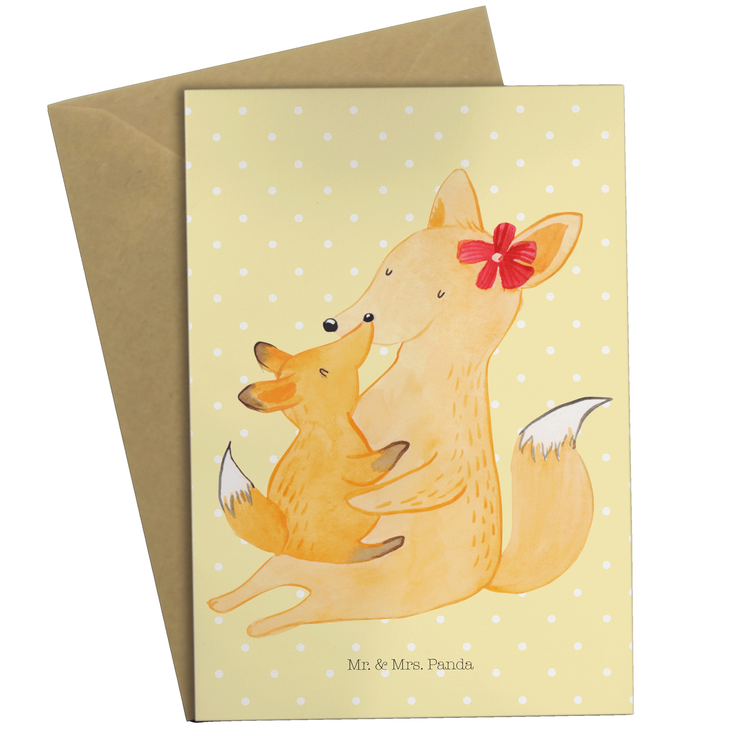Mr. & Mrs. Panda Grußkarte Fuchs Mama & Kind - Gelb Pastell - Geschenk, Einladungskarte, Lieblin