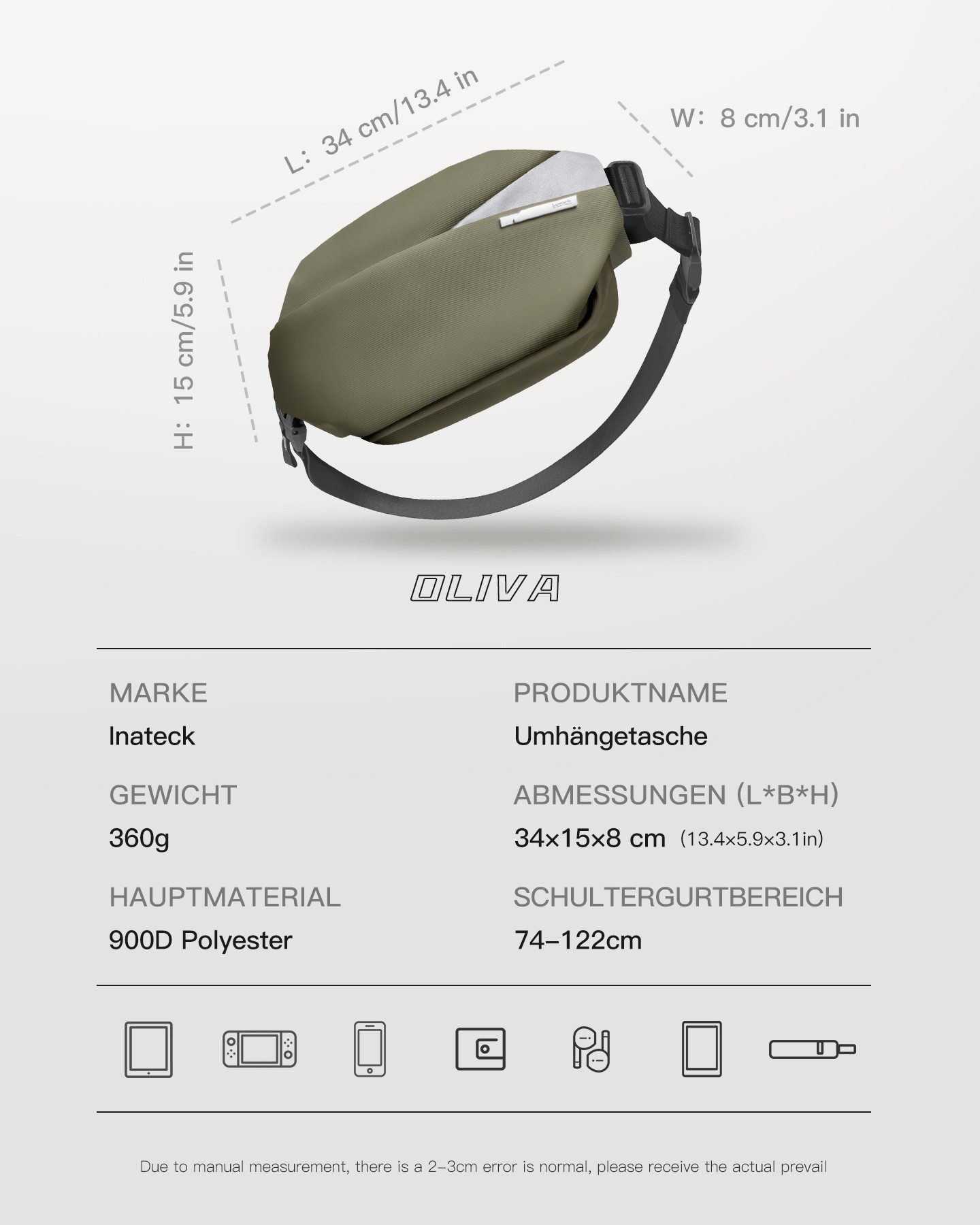 Inateck Umhängetasche Bauchtasche 4L, Stylische Sling Bag Herren Damen, Schultertasche, für Reise Schule Wandern, Wasserdicht