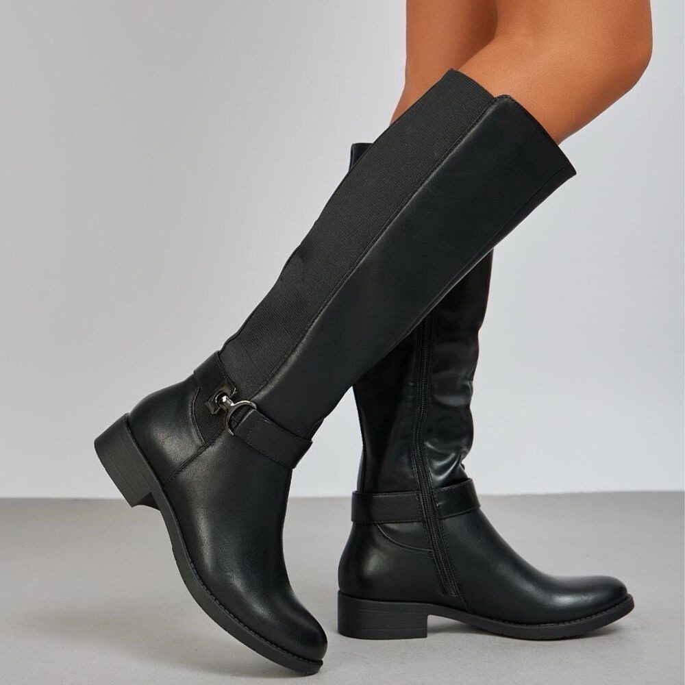 Ital-Design Elegante Stiefel mit Riemen für Damen – Herbst-/Wintersaison Stiefel (90110008) Blockabsatz Flache Stiefel in Schwarz