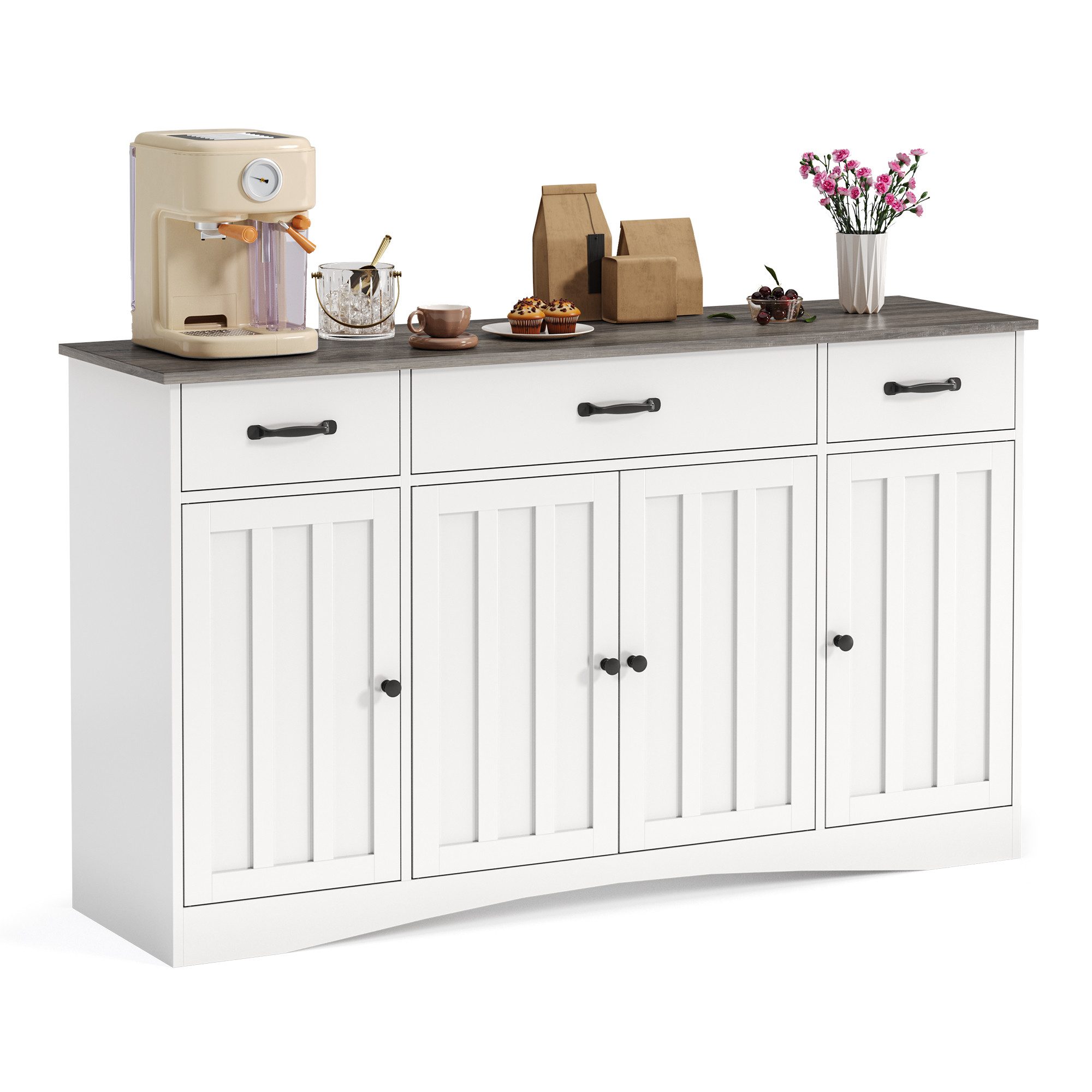 Blishom Buffet Sideboard Kommode Küchenschrank mit 4 Türen und 3 Schubladen Buffetschrank, Anrichte, verstellbare Böden, Landhaus-Design – Bild 5 von 5