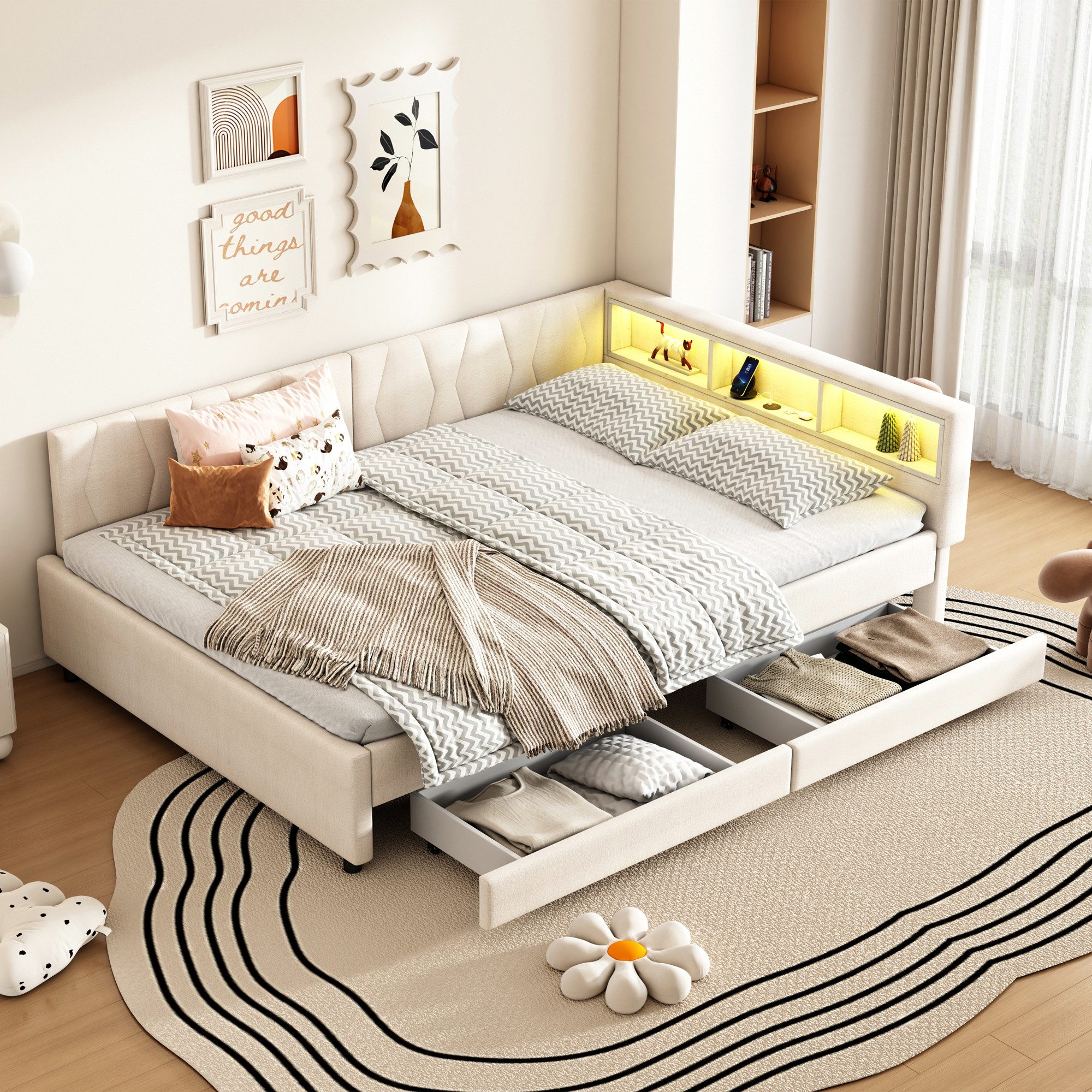 Flieks Daybett, LED Polsterbett Schlafsofa 140x200cm mit 2 Schubladen und U günstig online kaufen