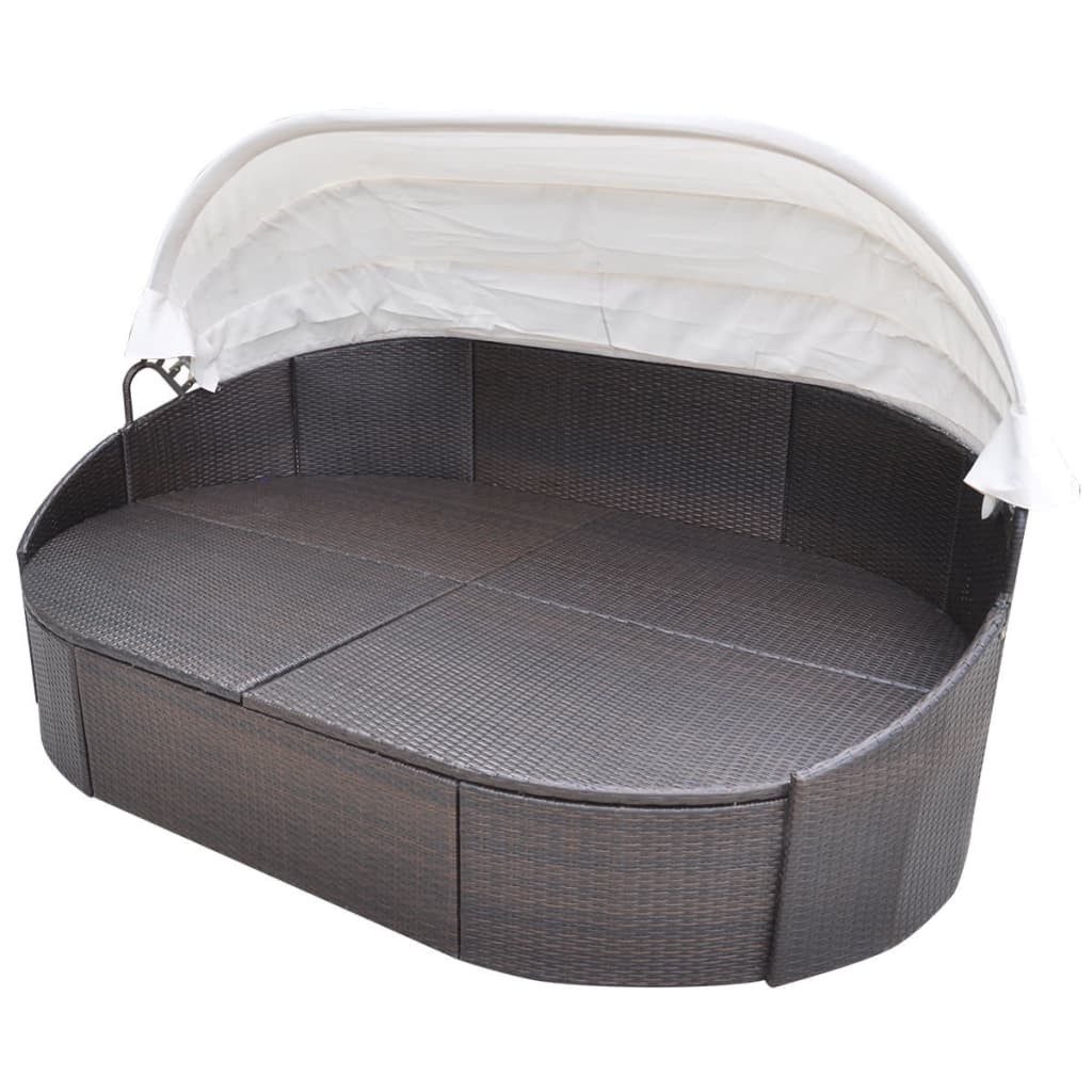 vidaXL Bett Outdoor-Loungebett mit Dach Poly Rattan Braun
