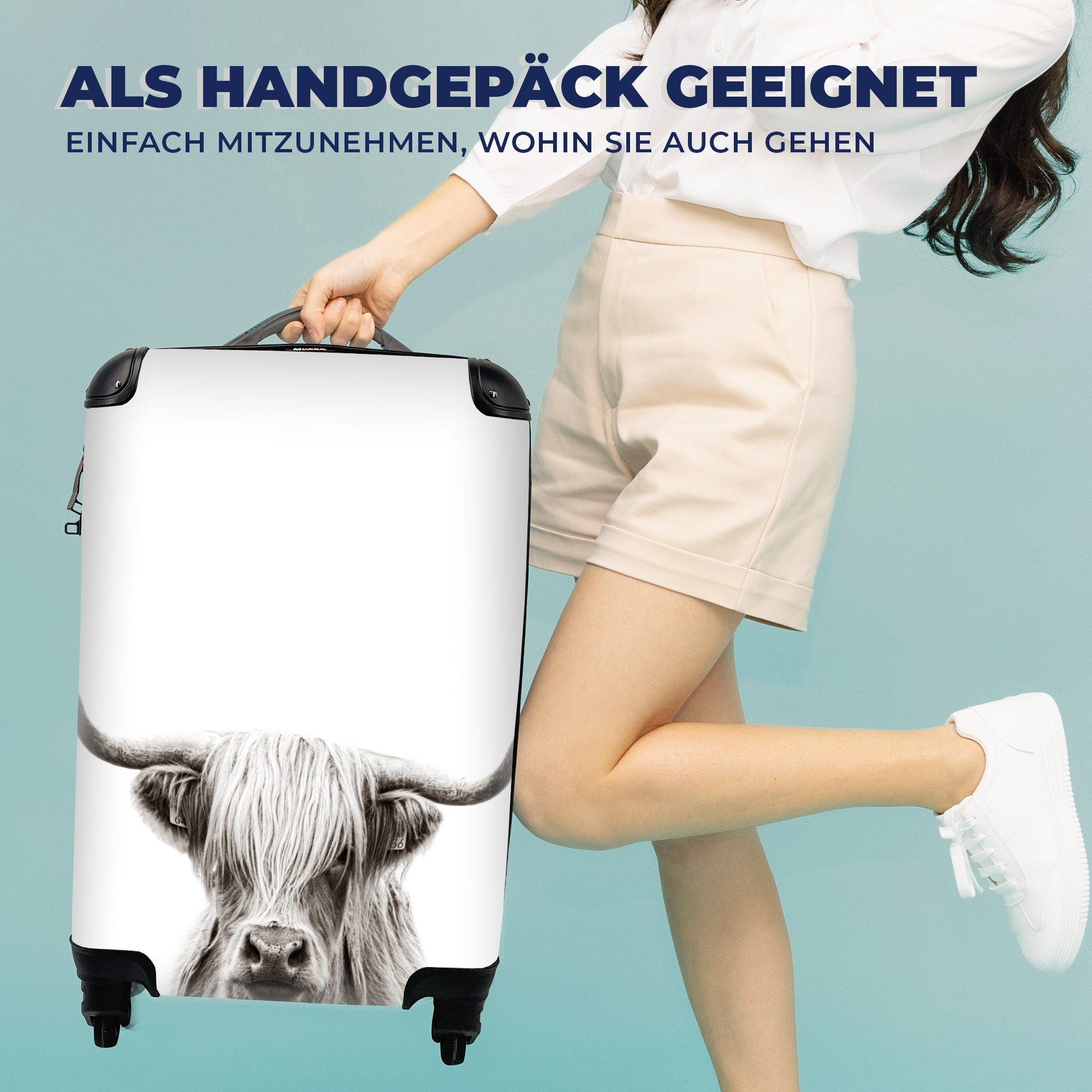 MuchoWow Handgepäckkoffer Schottischer 4 Trolley, Ferien, Tiere - Weiß, Rollen, für - Reisekoffer Handgepäck Highlander Schwarz Reisetasche mit rollen, 