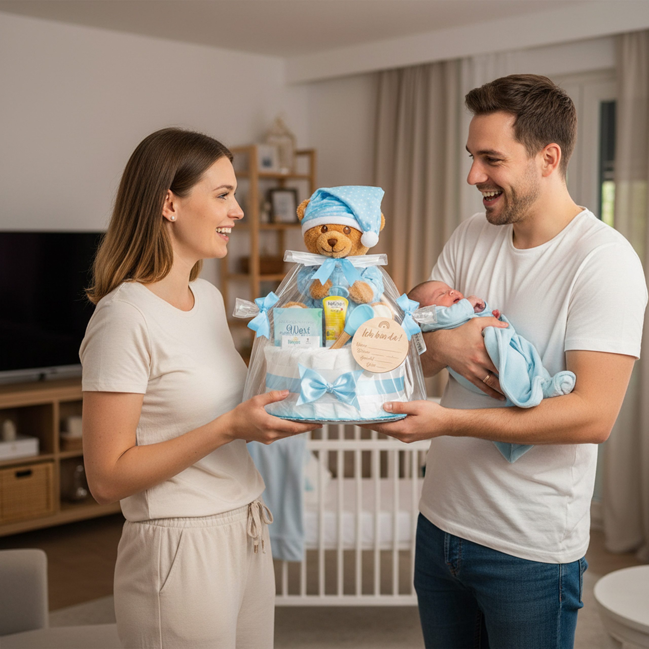 Timfanie Windeln Windeltorte, LiebhabBÄR, blau, 0-8 Monate (Handgefertigtes Geschenk - In Folie gehüllt, mit Schleifen verziert, 28-St., 20x Pampers Premium, 1 Marken-Kuscheltier, wertige Accessoires), Das Perfekte Geschenk zur Geburt oder Babyparty.