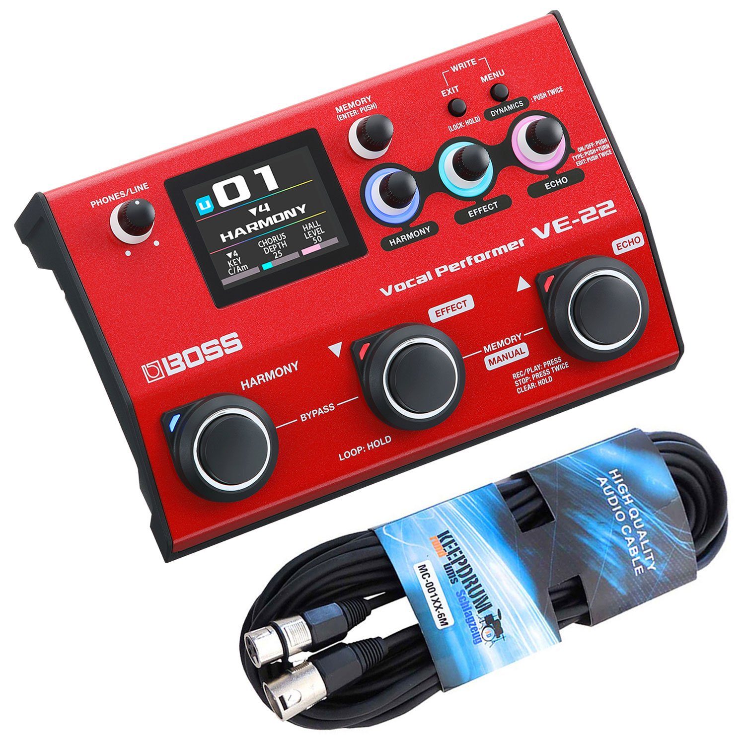 Boss by Roland Boss VE-22 Multi-Effektgerät für Gesang mit XLR-Kabel Digitales Aufnahmegerät (mit XLR Mikrofonkabel)