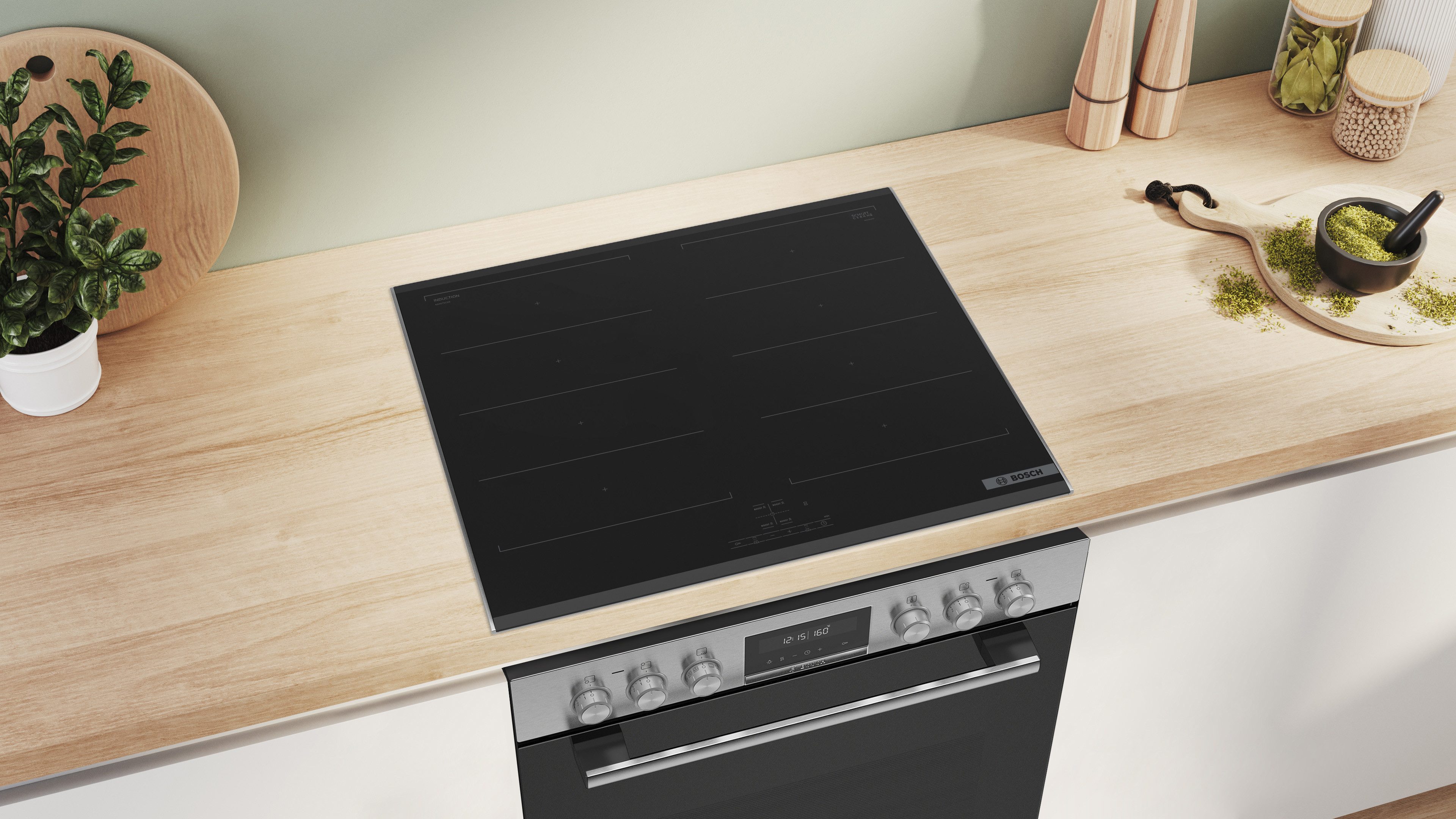 BOSCH Flex-Induktions-Herd-Set HND679LS67, mit Backwagen, Pyrolyse-Selbstreinigung, Backwagen mit ausziehbarer Tür für bequemes Kochen & Backen