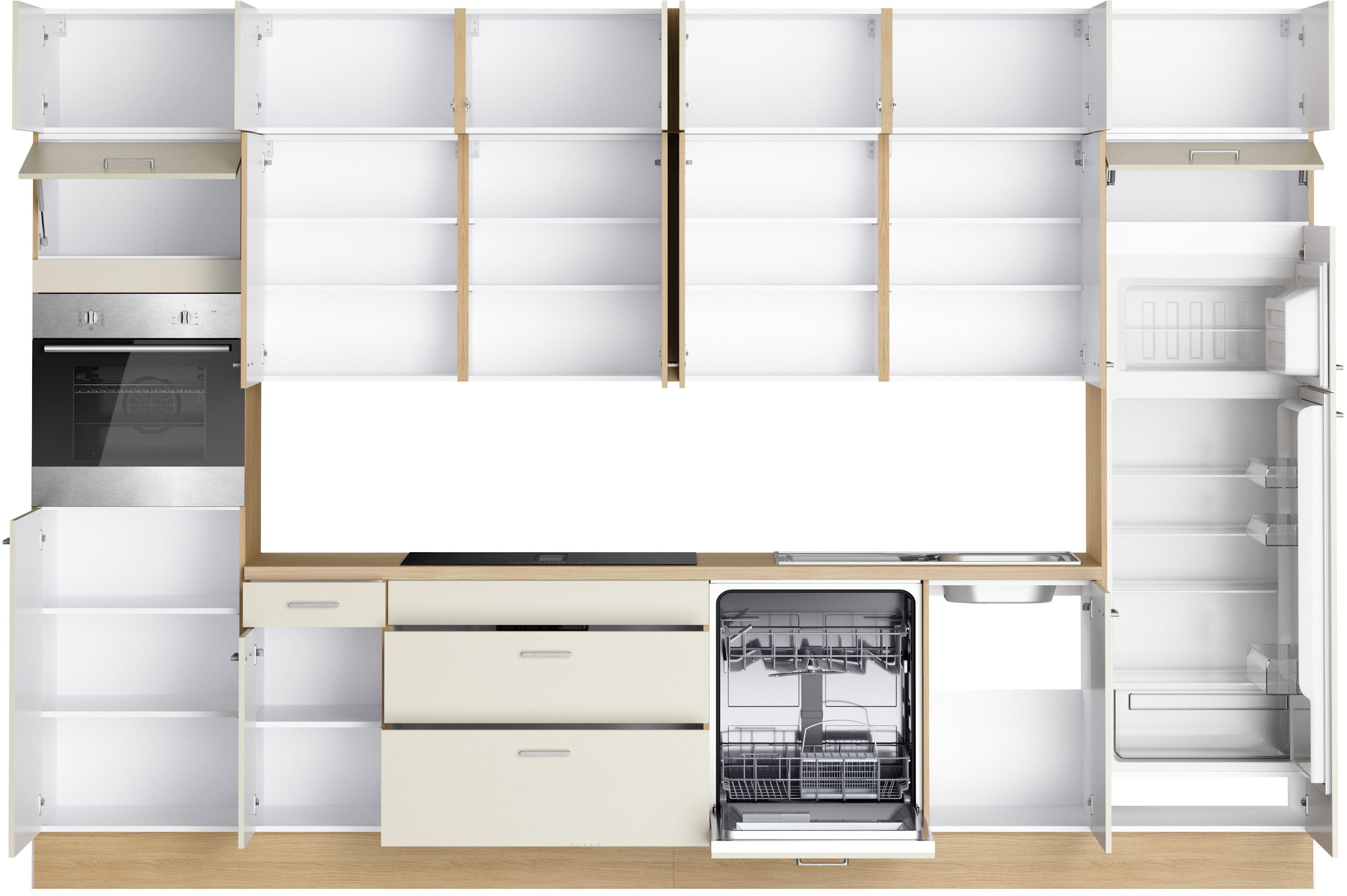 KOCHSTATION Küchenzeile KS-Lucy wahlweise mit Induktionskochfeld mit integriertem Dunstabzug, Breite 360 cm, Soft-Close, inkl. Zubehör, wahlweise mit E-Geräten