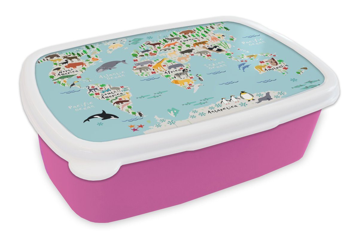 MuchoWow Lunchbox Weltkarte - Kinder - Tiere - Blau - Orca - Wal, Kunststoff, (2-tlg), Brotbox für Erwachsene, Brotdose Kinder, Snackbox, Mädchen, Kunststoff rosa