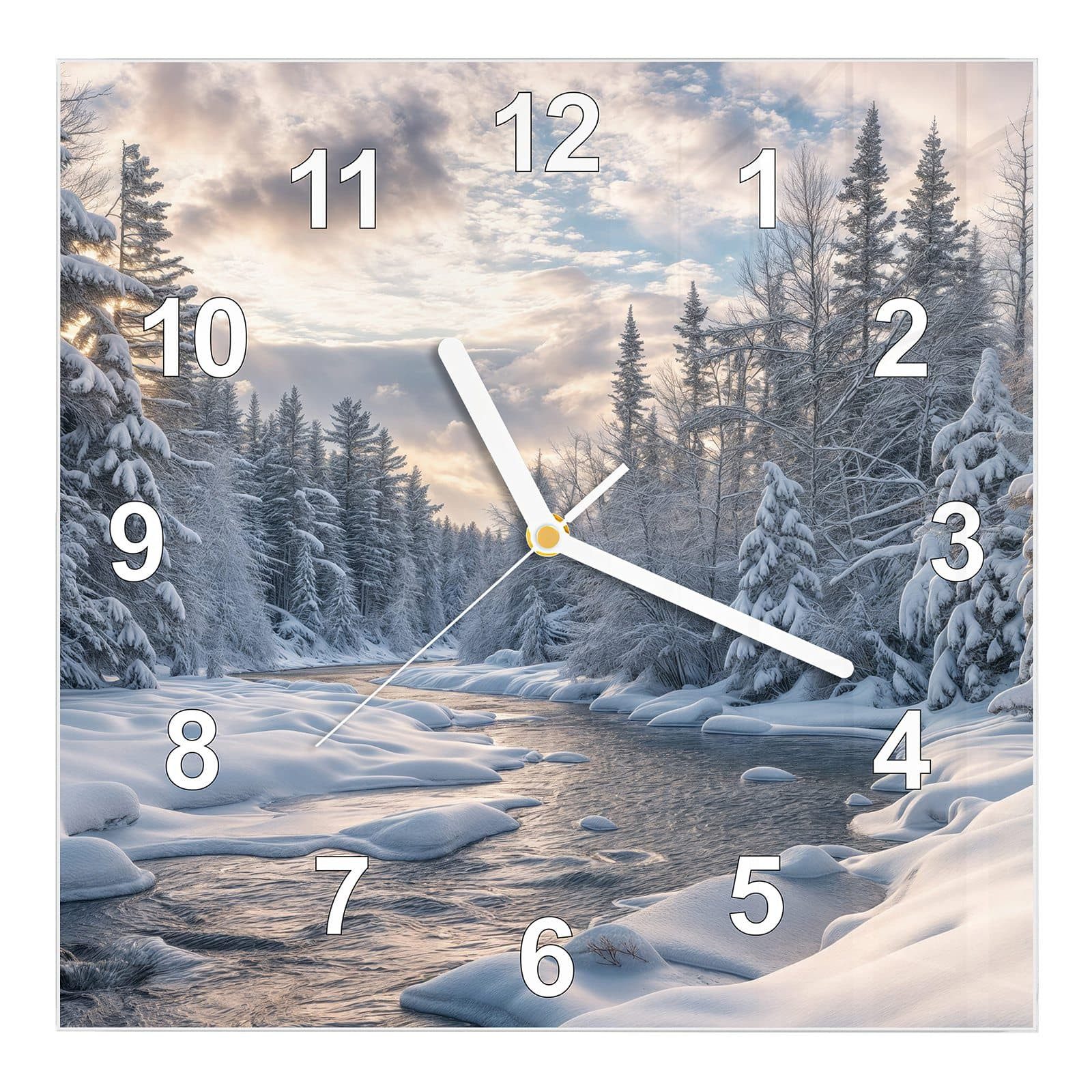 Wanduhr Glasuhr Wanduhr Wandkunst Größe 30 x 30 cm mit Motiv Winterfluss