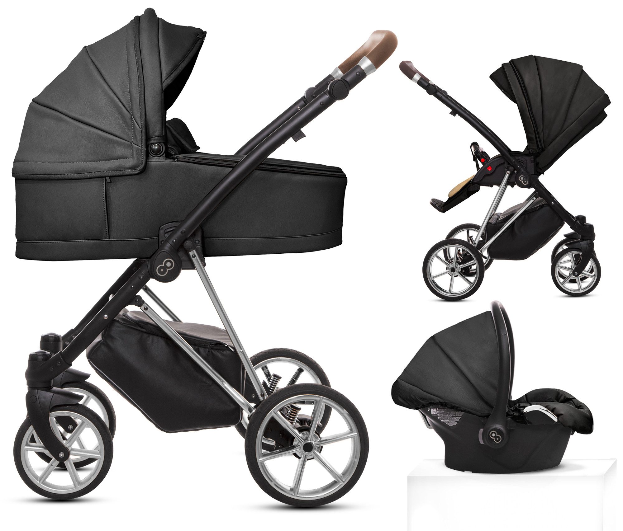 TPFFamily Kombi-Kinderwagen 3in1 Musse Royal, Baby Buggy Babywanne 5-Punkt-Sicherheitsgurt, Zubehör-Set Kinderwagen 3 in 1 Kunstleder Schwarz, Gestell Silber