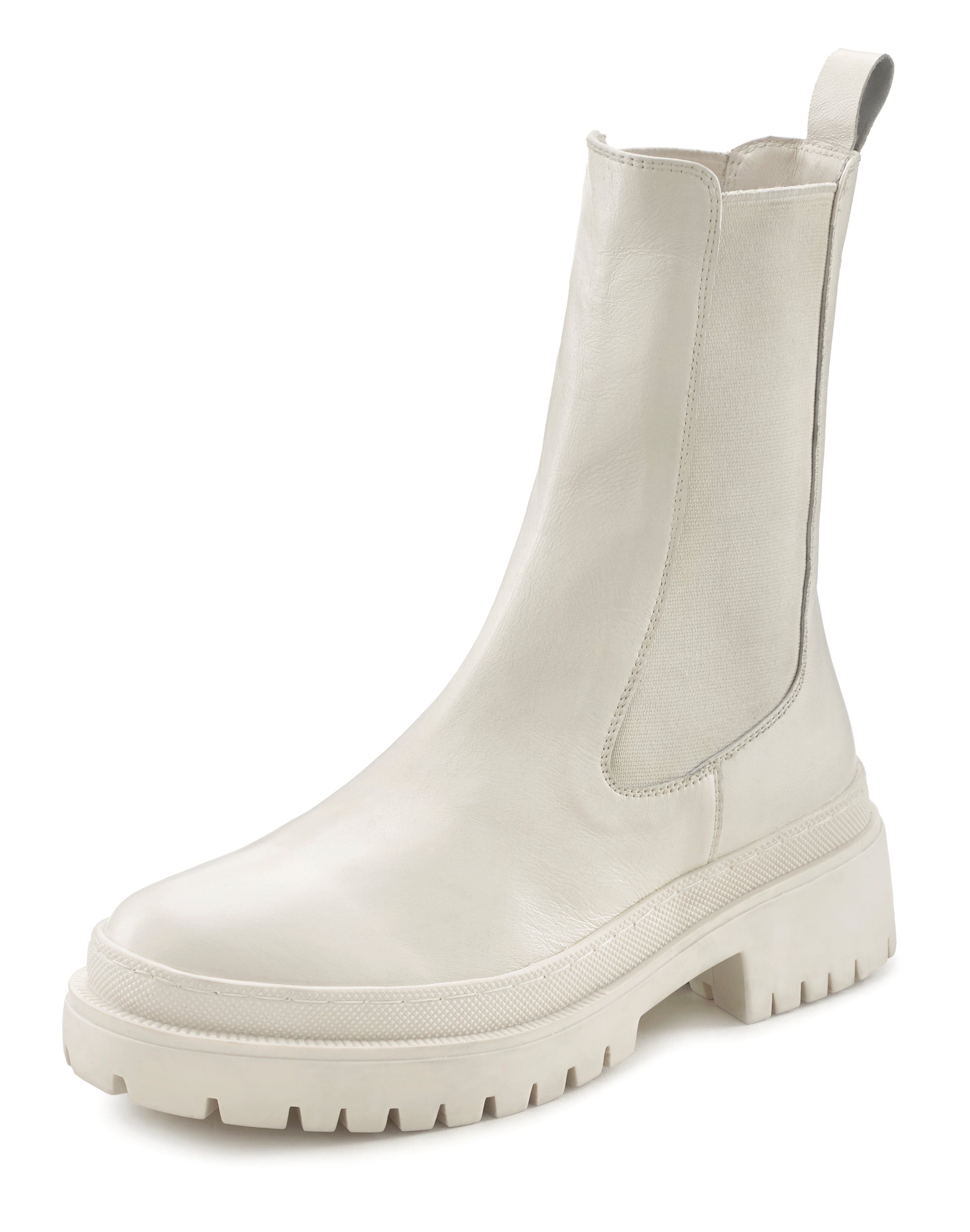 Boots, Slip-On-Stiefelette, mit Leder Chunky creme aus LASCANA Biker Sohle, Stiefelette Schlupfstiefel, Chelseaboots