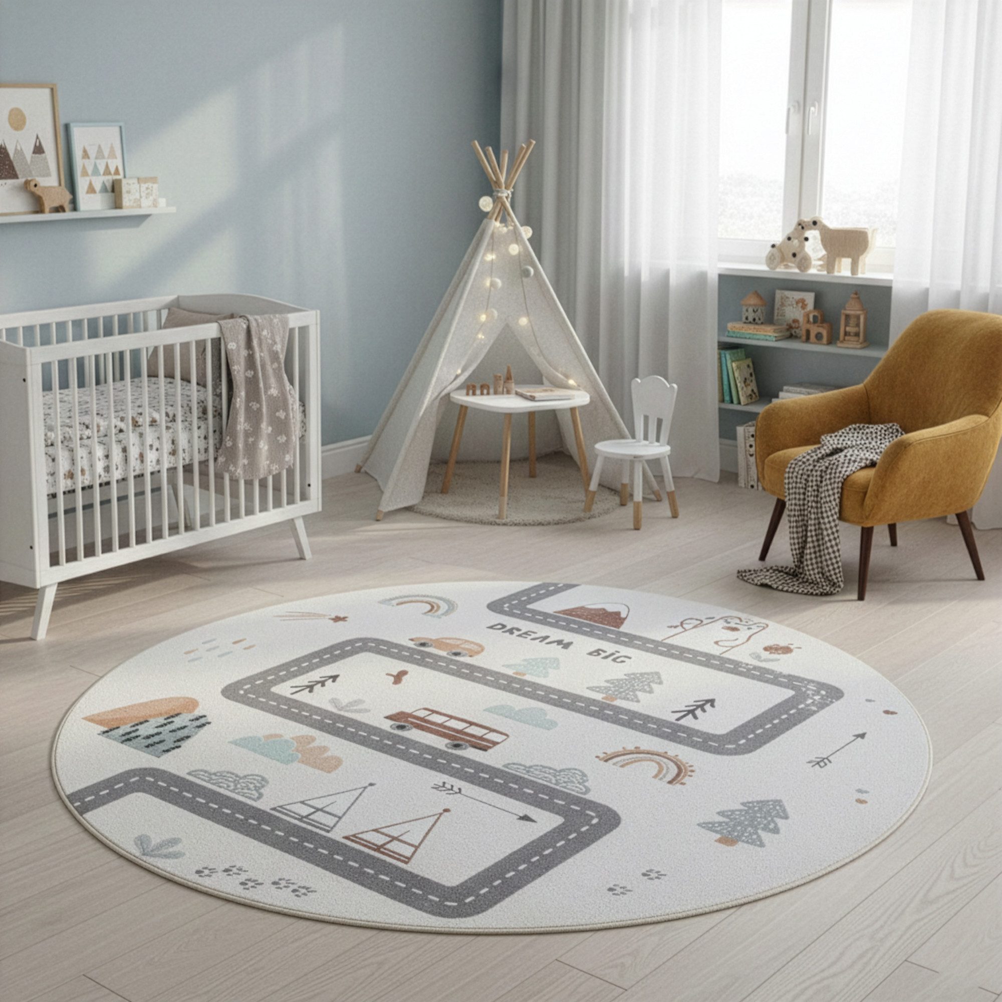 SIMPEX24 Teppich Straßen Spielteppich Kinder, Rund, Höhe: 8 mm, Teppich Kinderzimmer