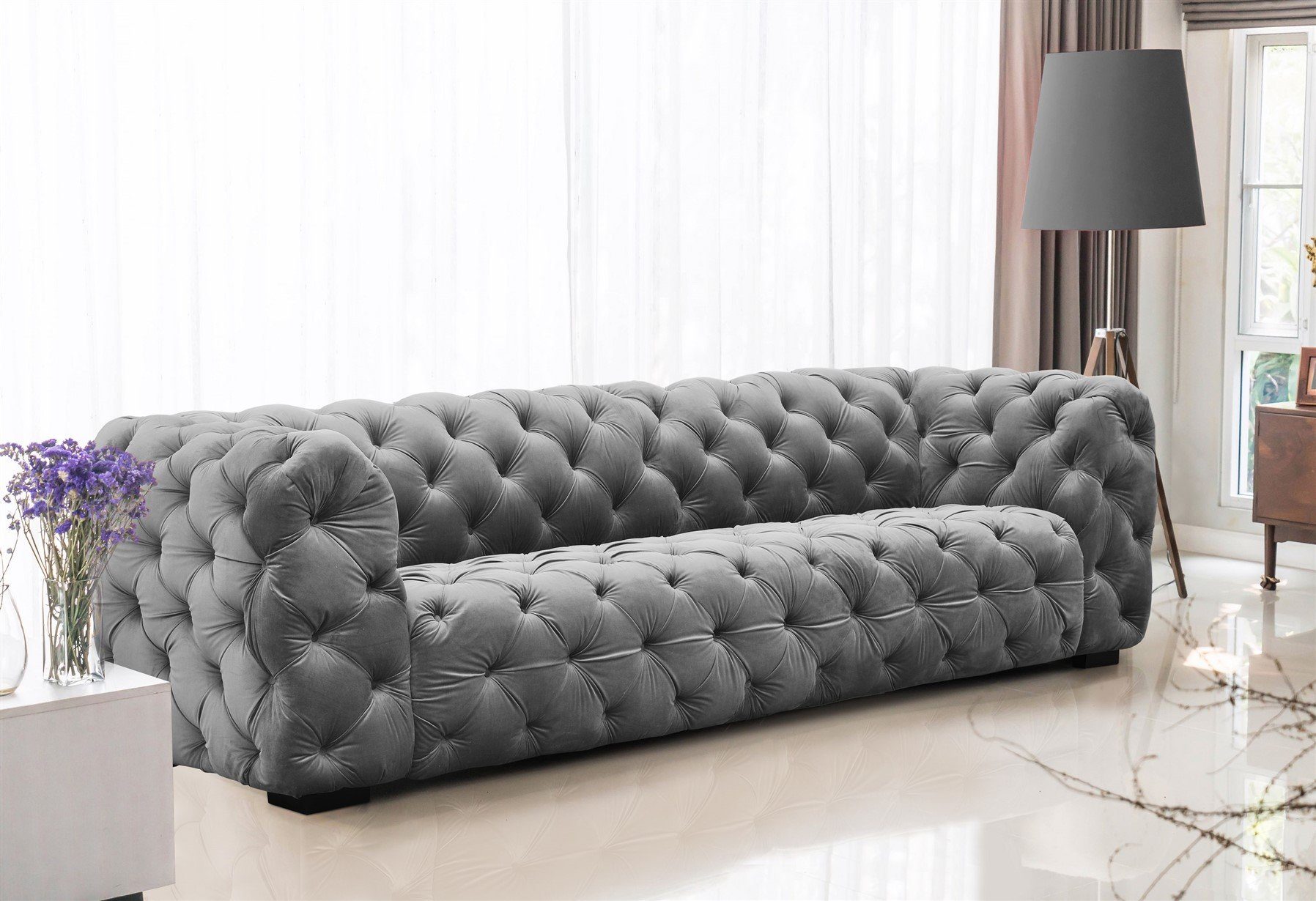 Fun Möbel Sofa Sofa Designer-Sofa NATALIE 4-Sitzer in Stoff, 1 Teile, Rundumbezug Steel