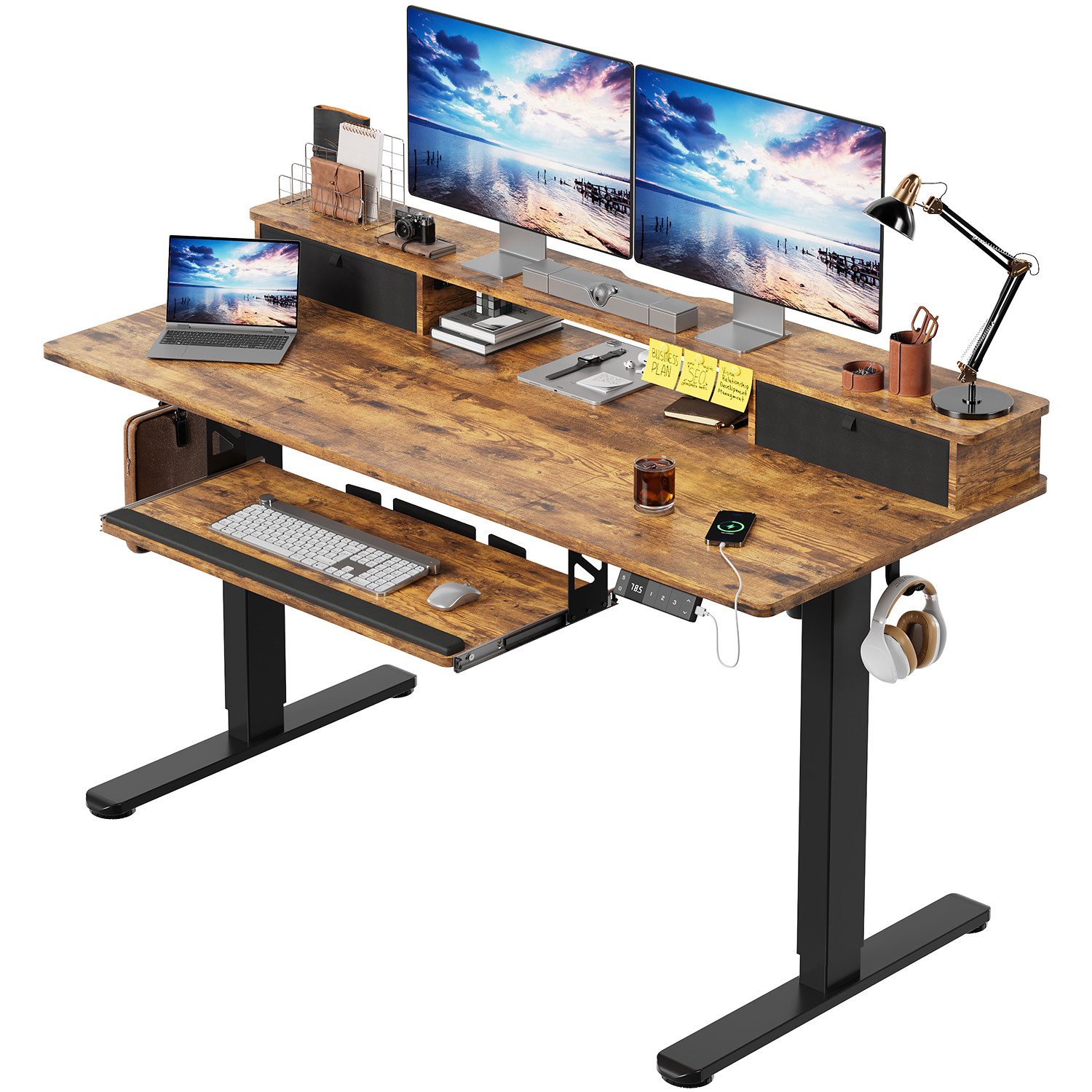 HOMALL Schreibtisch Höhenverstellbarer Schreibtisch mit Schublade, Schülerschreibtisch (140CM Mit 2 Stofbehangen 3 Spaicherpositionen fur die Hohe + Erinerung beilangem Sitzen. 2 Haken, Tastaturablage,maximale Belastbarkait 7o kg,ostern geschenke)