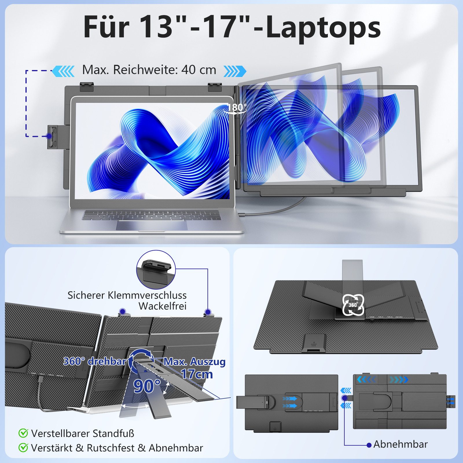 KEFEYA 15,6 Zoll FHD Laptop-Bildschirm-Extender Portabler Monitor (40 cm/15,6 ", 1920 * 1080 px, FHD IPS, 60 Hz, HDR, Einzelmonitor, 13–17,3 Zoll, abnehmbar, Plug & Play)