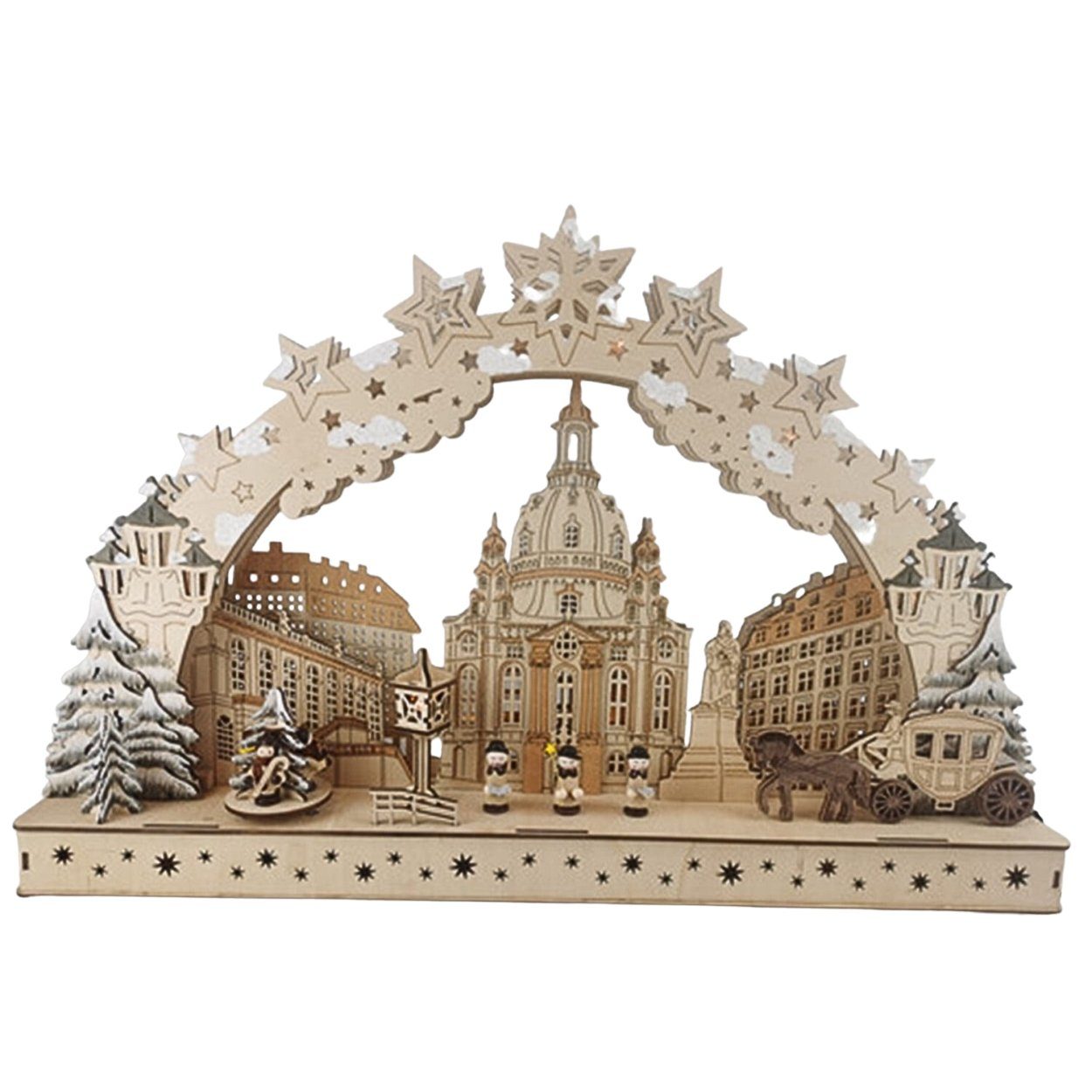 Wohnando Weihnachtsdorf Schwibbogen aus Holz mit Sternen, Kirchenszene, Winterdorf mit 6 LEDs