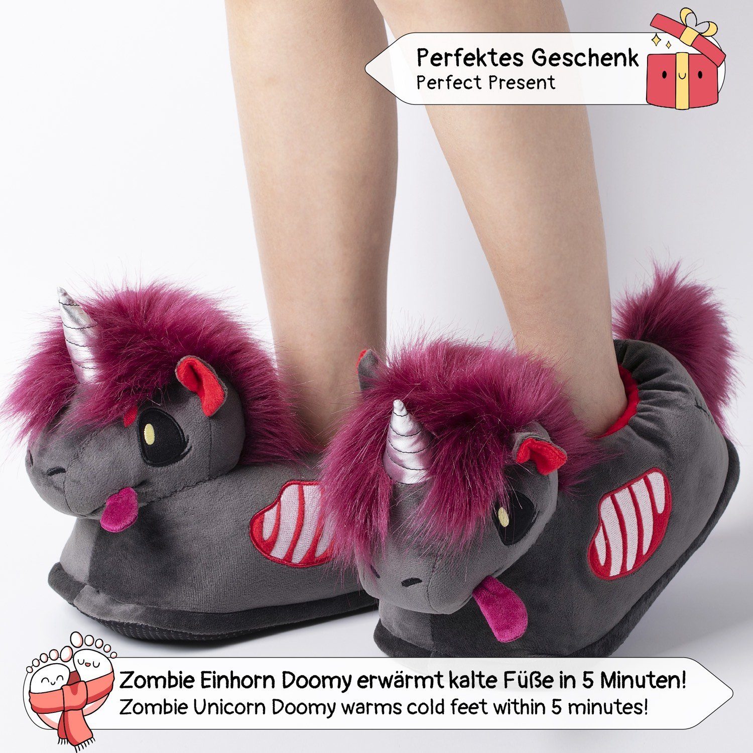 Plüsch Kinder Plüsch Pantoffeln Hausschuhe Corimori Einheitsgröße Zombie-Einhorn, Plüsch, Witzige, 25 33,5 Slipper, Hausschuhe EU - Tier-Hausschuhe, lustige