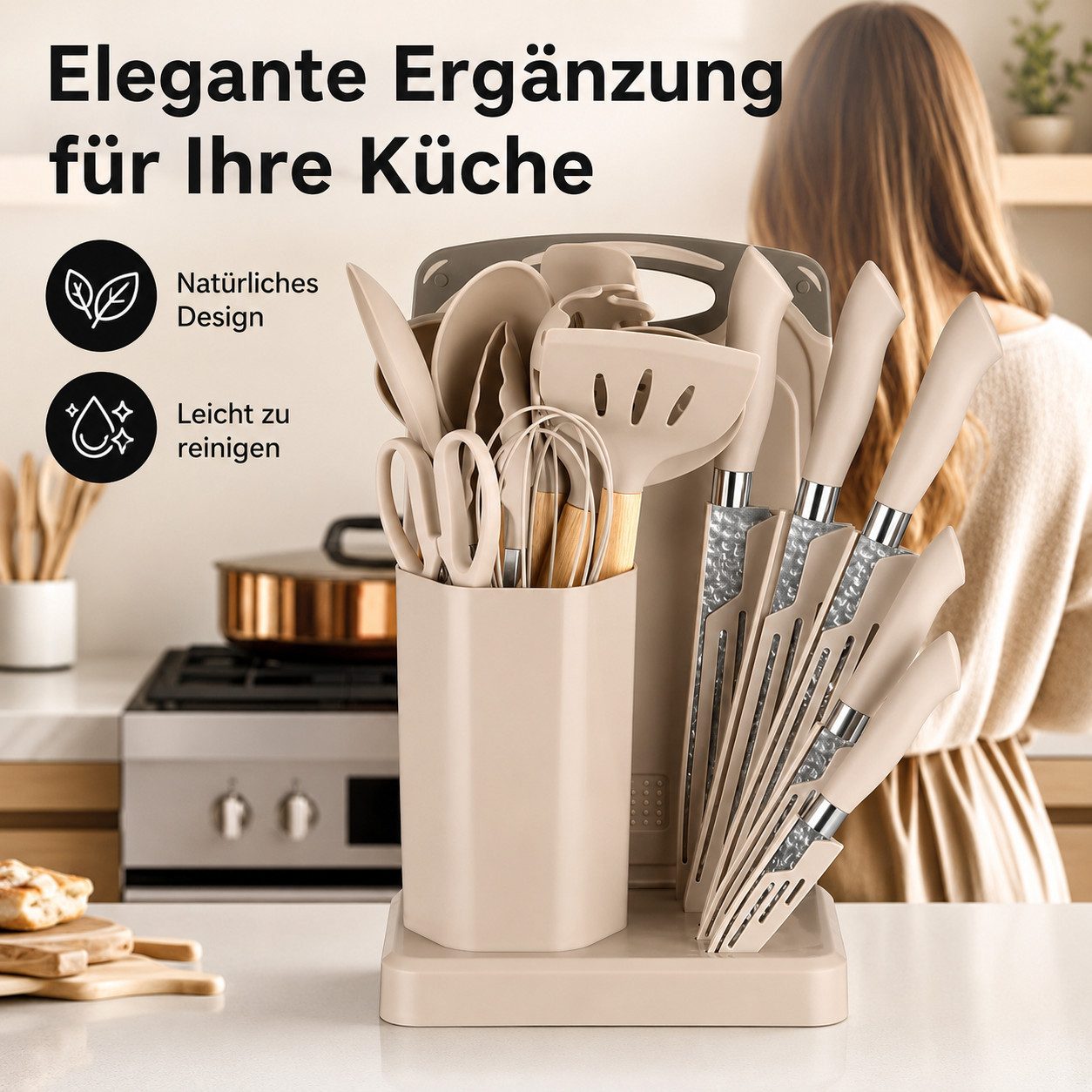 Diyarts Kochbesteck-Set (für beschichtete Pfannen, inklusive Kochmesser, Beige 23-teilig, Grün, Weiß und Schwarz je 20-teilig), Schonende Silikon-Küchenhelfer mit Holzgriffen & Messer im Set