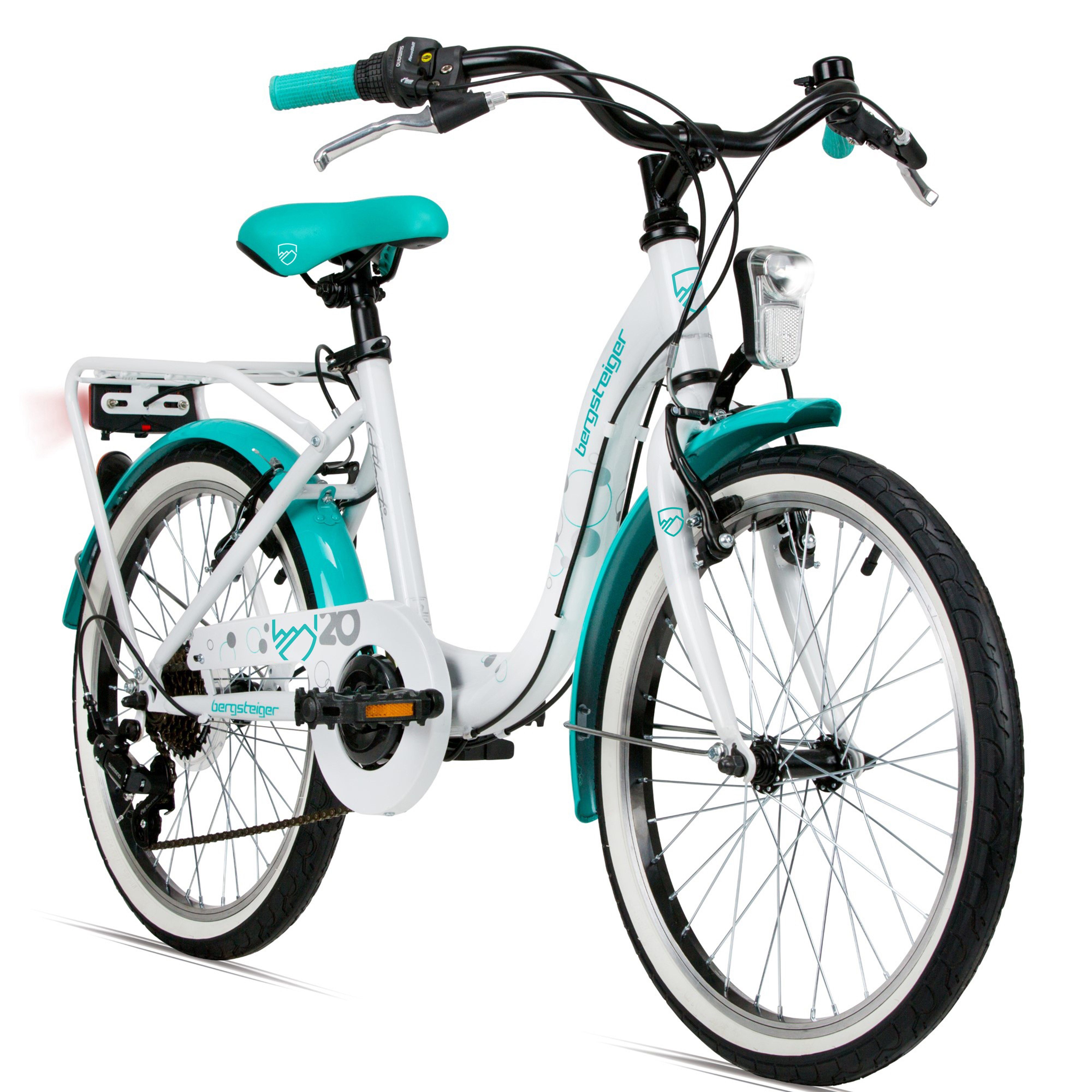 bergsteiger Kinderfahrrad Atlantis 20, 24 Zoll Mädchenfahrrad, 6 - 11 Jahre, StVZO, 6 Gang Shimano Tourney RD-TY300 Schaltwerk, Kettenschaltung, V-Bremse