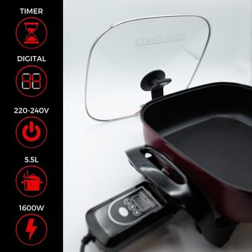Starlyf Elektrische Pfanne Digital Cooker Partypfanne, 1600 W, XXL Bratpfanne mit digitalem Thermostat, 1600 Watt, 5,5 Liter
