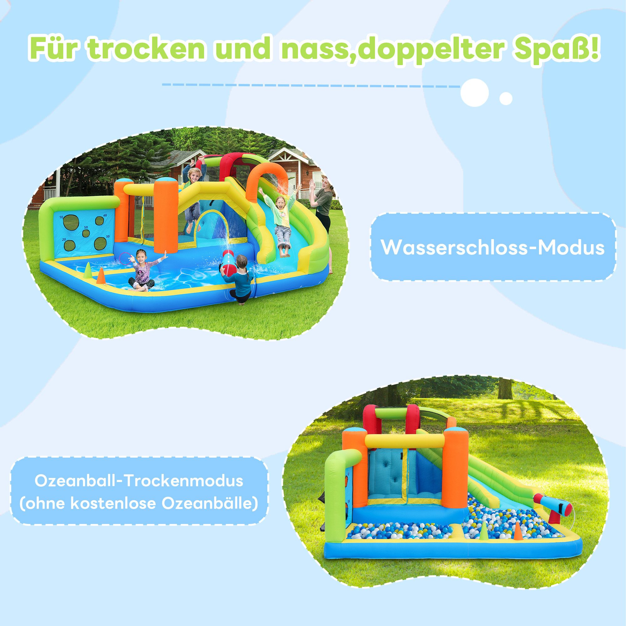 Merax Hüpfburg, Trocken-/Wasserrutsche,Pool,aufblasbare Springburg,Outdoor Wasserpark