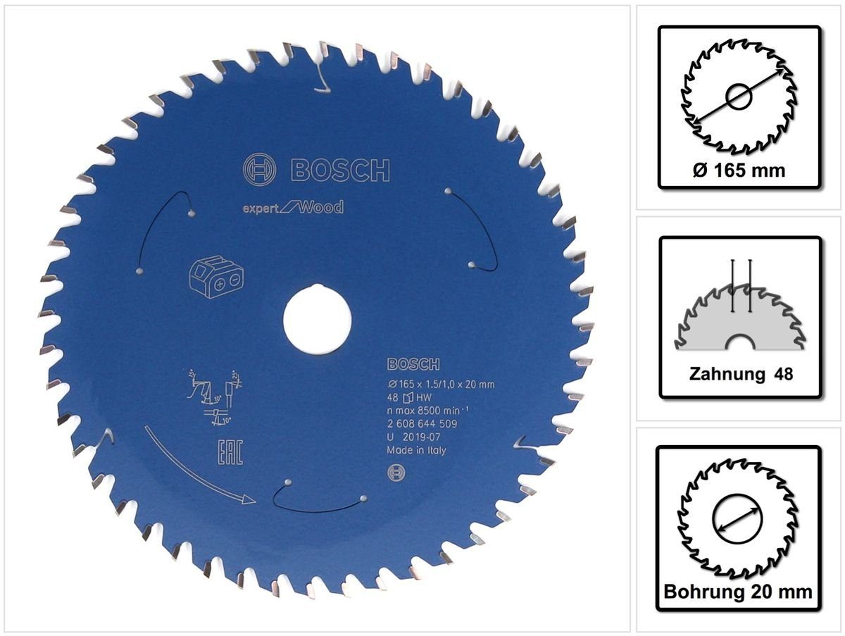 Bosch Professional Kreissägeblatt Kreissägeblatt Expert for Wood 165 x 1,0 x 20 mm 48 Zähne für Holz