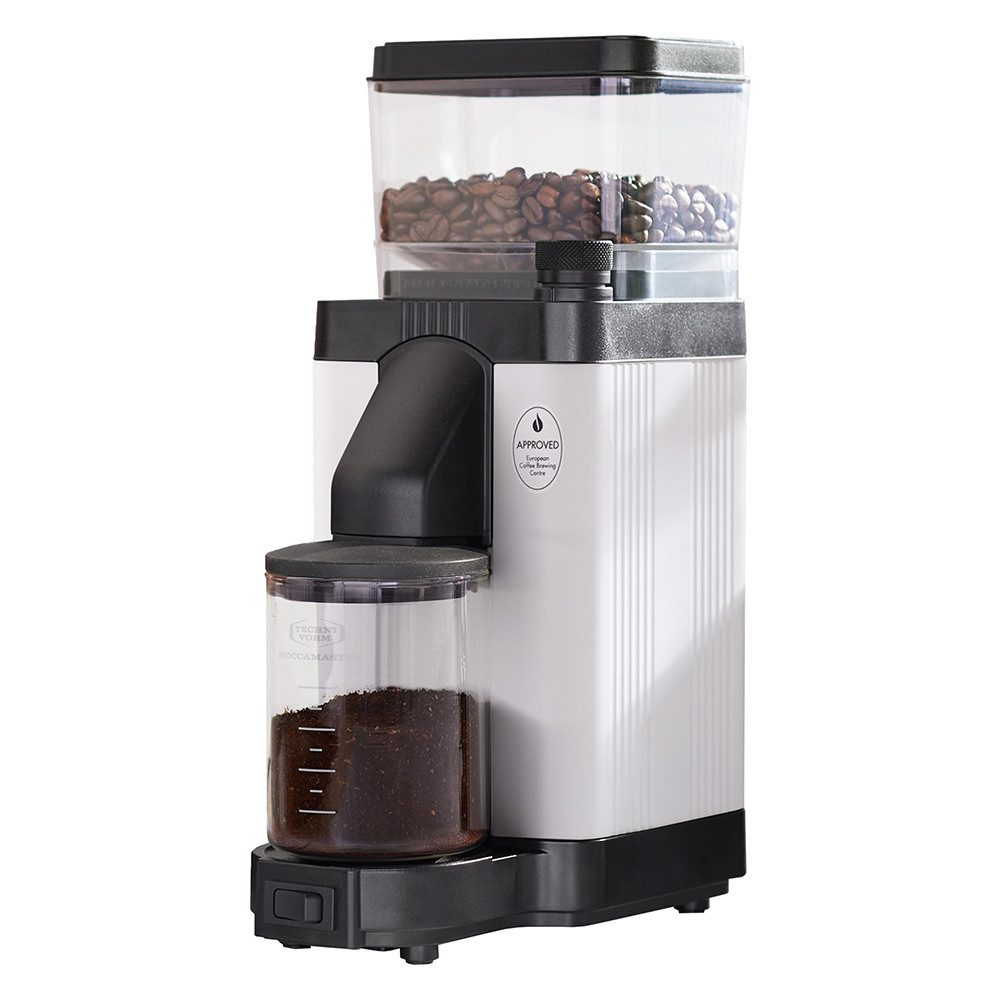 Moccamaster Kaffeemühle MOCCAMASTER Kaffeemühle KM5 Matt White Mahlgradeinstellung weiß, Scheibenmahlwerk, 250 g Bohnenbehälter