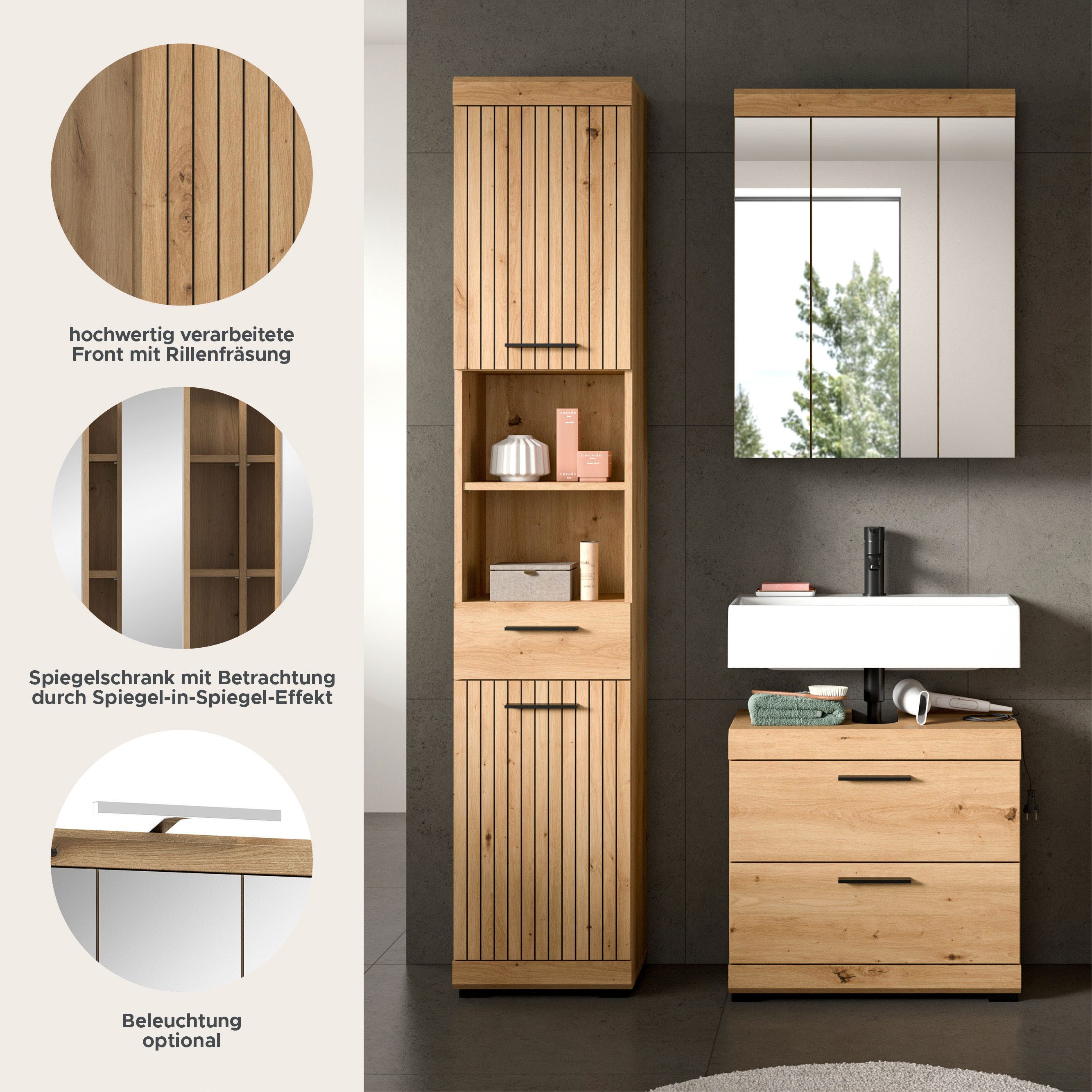 welltime Badmöbel-Set SIENA, 3 teilig, bestehend aus:, (Set, 3-St., TOPSELLER), Hochschrank, Waschbeckenunterschrank, Spiegelschrank