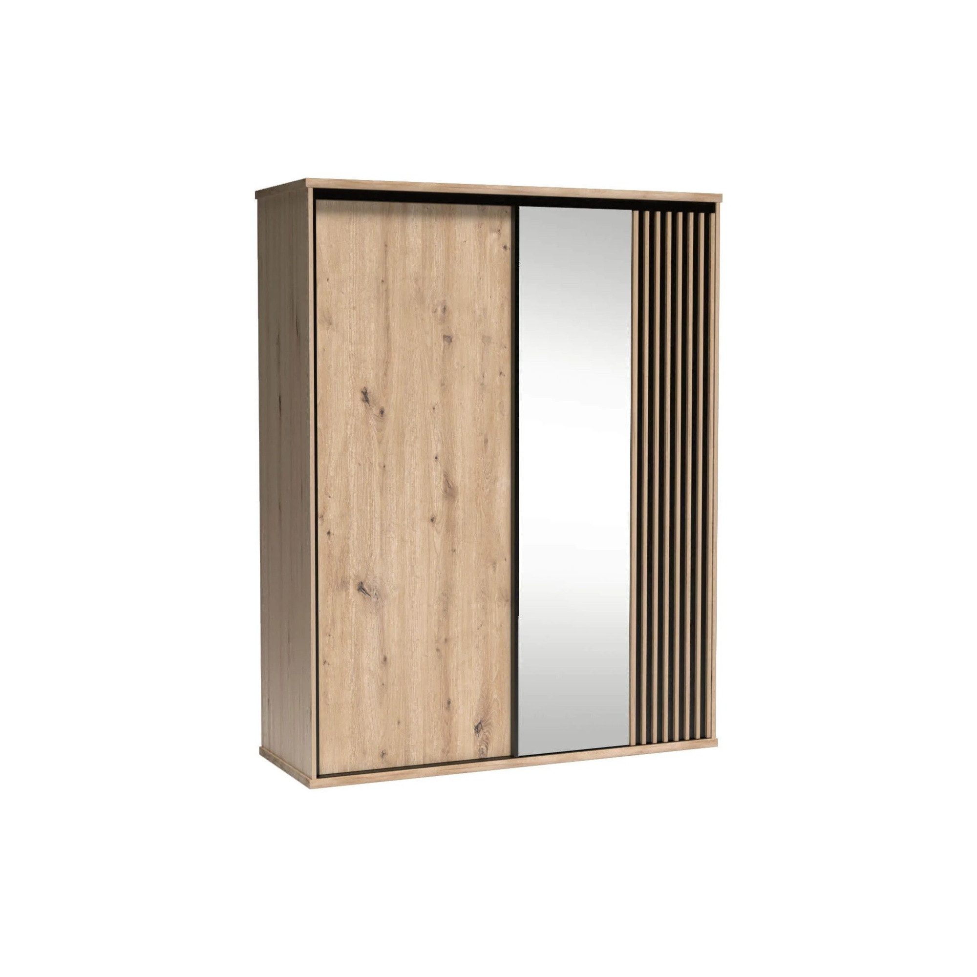 Raumhirsch Furniture Kleiderschrank Garderobenschrank, Schrank mit Spiegel, Schwebetürenschrank (Maße: 179 x 60,2 x 217 cm (2 Schwebetüren, Lamellenfront) Loft-Design, Artisan-Dekor, schwarze Akzente, Metallgriffe