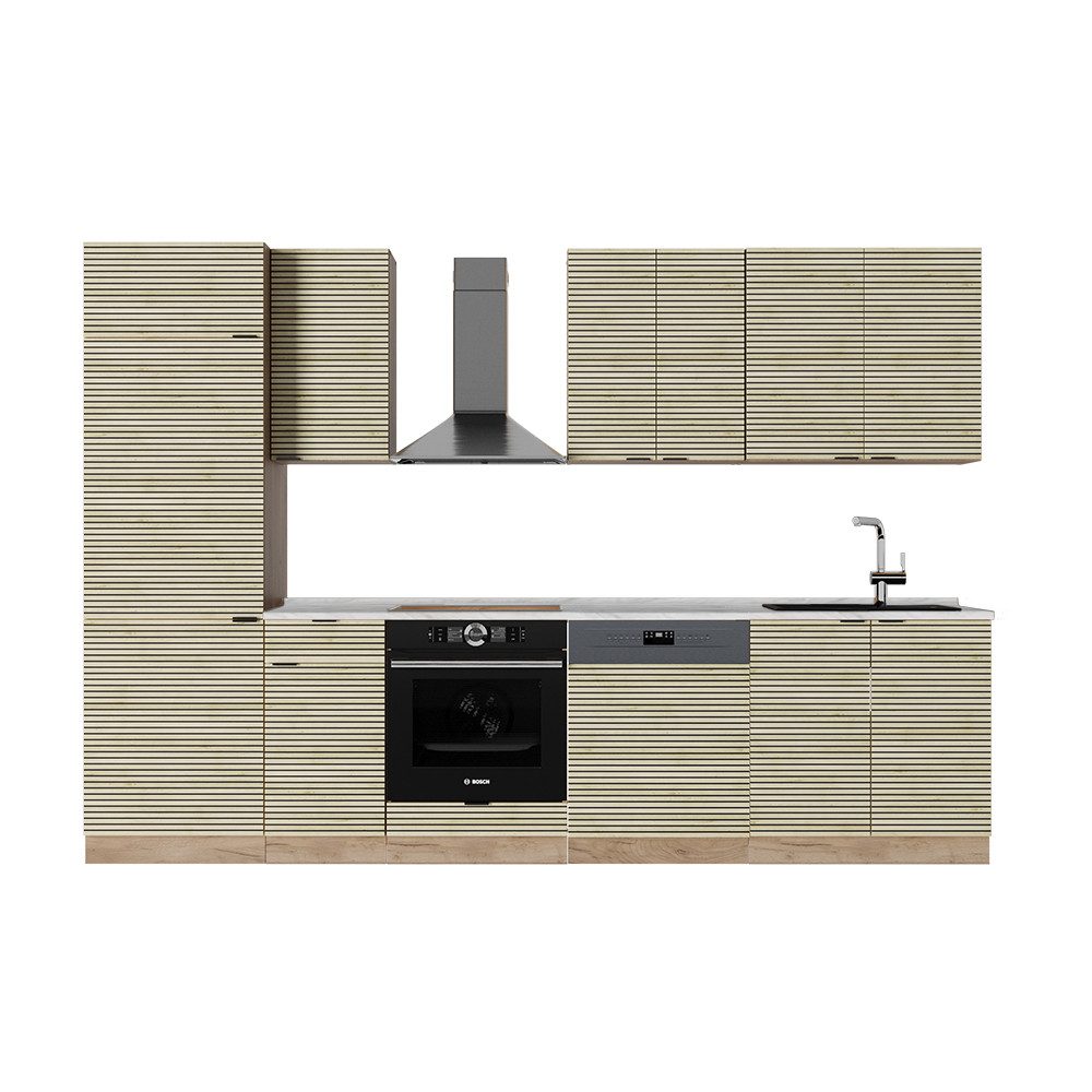 Vicco Küchenzeile Fame-Line, Eiche Paneel/Goldkraft Eiche/Goldkraft Eiche, 300 cm ohn...