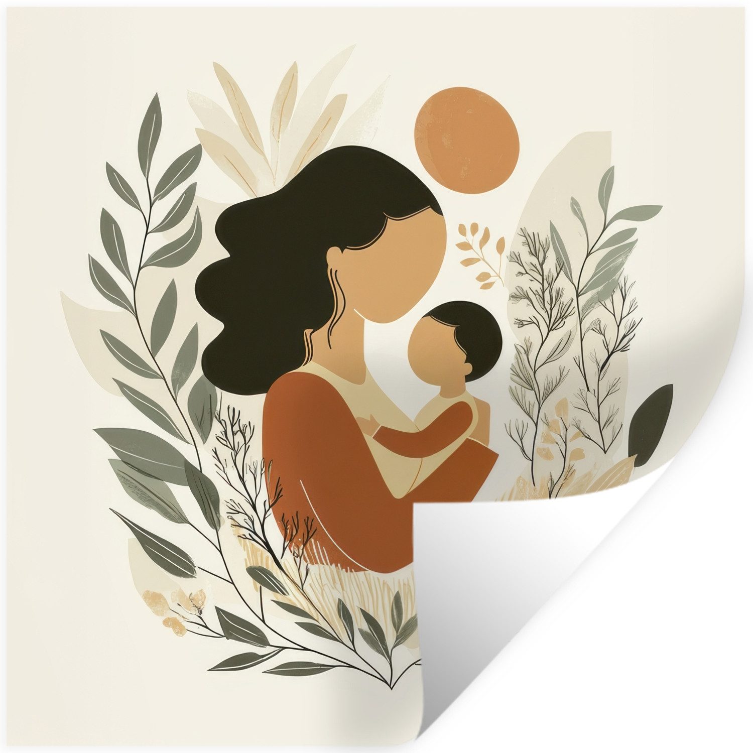MuchoWow Wandsticker Illustration - Mutter - Kind - Liebevoll (1 St), Wandaufkleber, Selbstklebend, Wohnzimmer, 100x100 cm