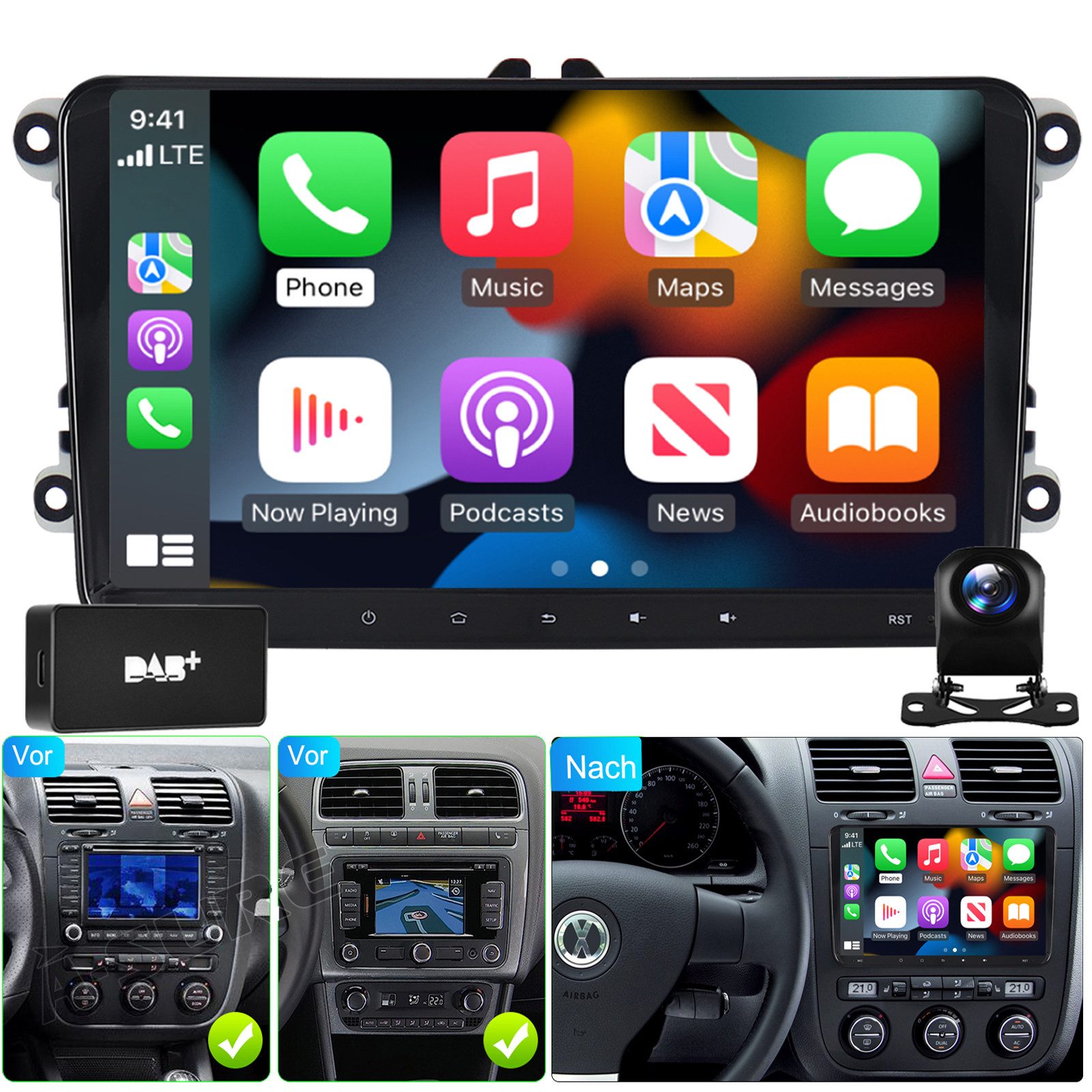 A-Sure Android 15 Carplay GPS Navi Für VW Golf 5 6 Passat Touran Caddy Jetta Autoradio (Digitalradio (DAB), RDS, FM, AM, 1280*720 Screen/4-Core CPU/2+64G/9 Zoll)
