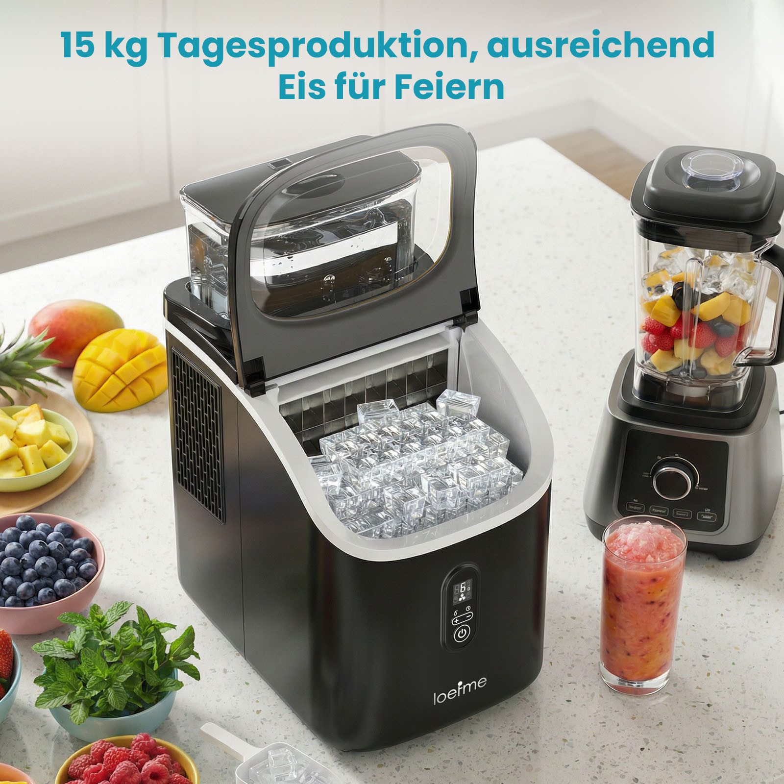 loefme Eiswürfelmaschine mit 1,5L Oberwassertank, 15kg/Tag, 16 Eiswürfel in 13 Minuten, 12 Eisdicken, Selbstreinigung, LED-Display für Zuhause, Küche und Bar