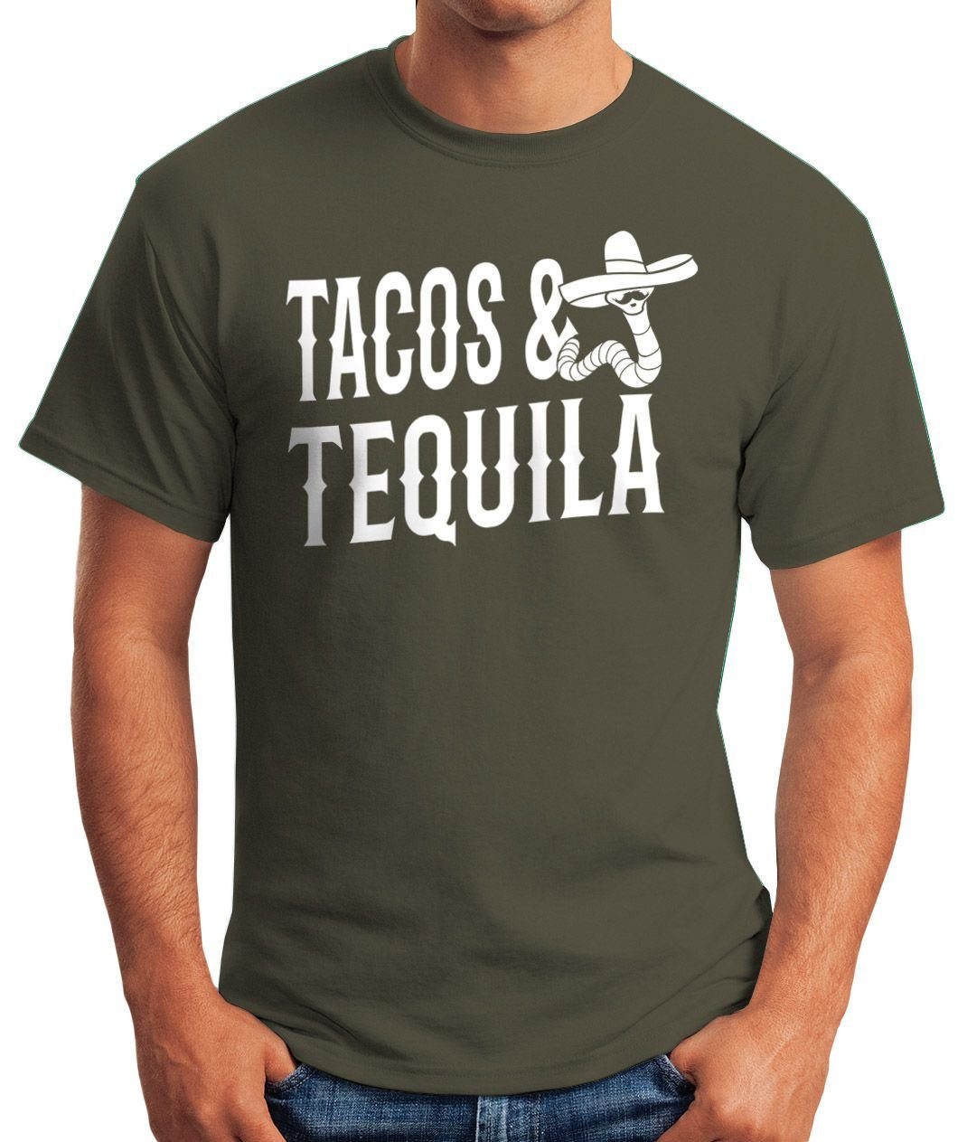 MoonWorks Print-Shirt Herren Mexikanisch Tequila & Tequilla Print Sombrero Moonworks® mit Wurm Tacos grün T-Shirt