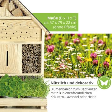 gartenetage Insektenhotel zum Aufhängen XXL mit Pflanzenbalkon & Schieferdach, Naturbelassenes Insektenhaus, Bienenhotel/ Nisthilfe & Artenschutz