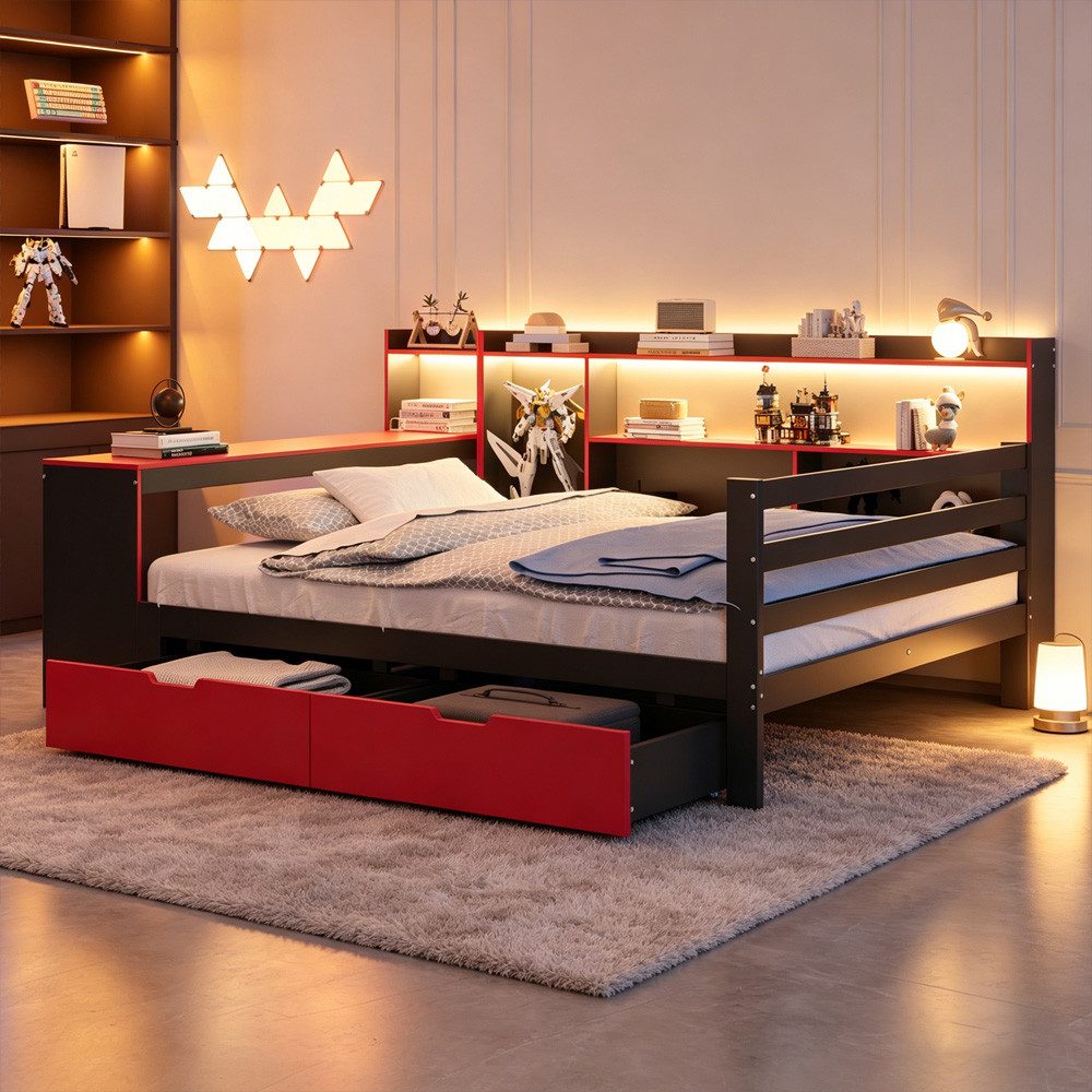 OKWISH Schlafsofa Kinderbett Funktionsbett, mit Schubladen, integriertem Schreibtisch, Regalen, Staufächern, Beleuchtung und Steckdosen 140x200 cm, ohne Matratze