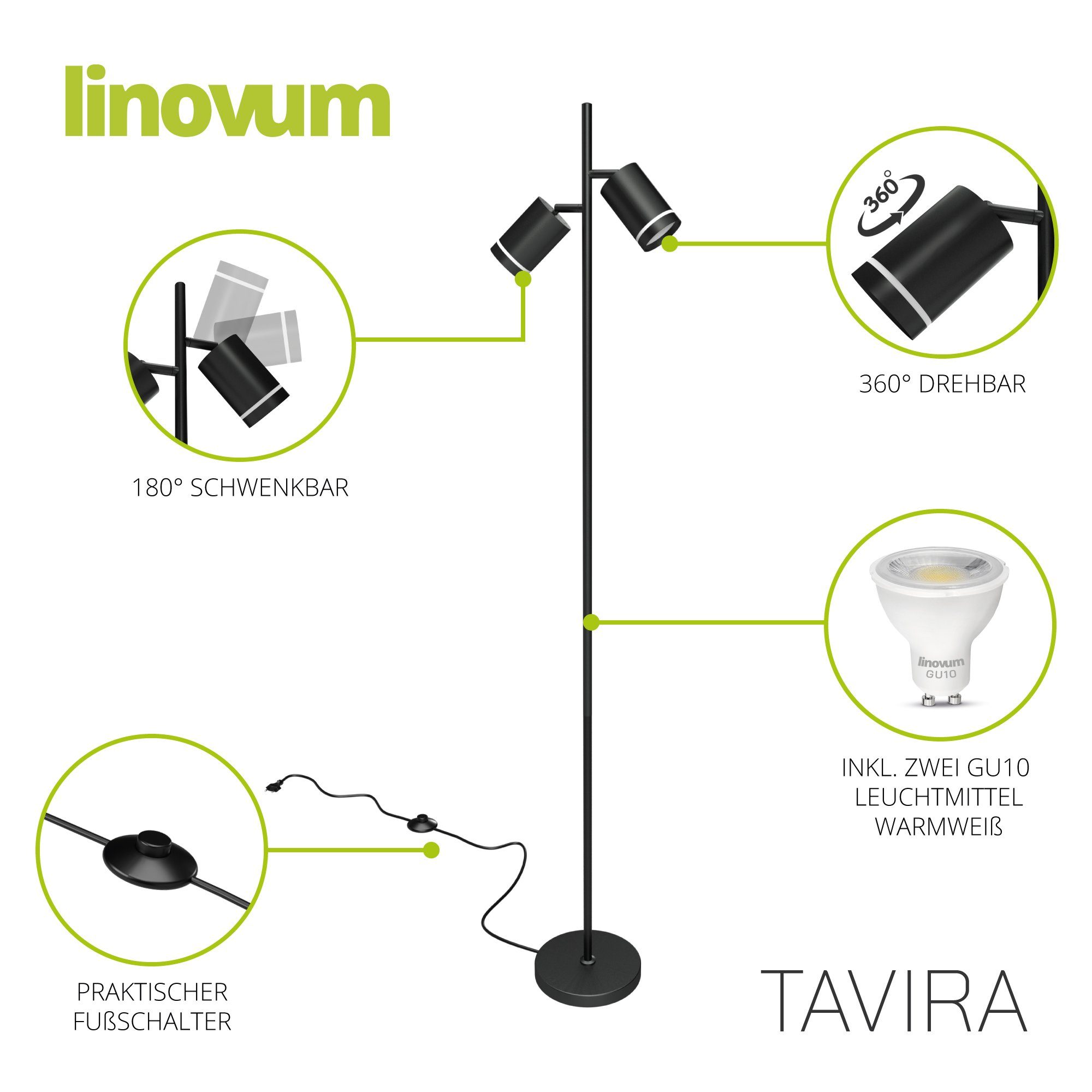 linovum LED Aufbaustrahler TAVIRA Stehlampe 2x GU10 6W, 2-flammig mit schwarz inklusive, LEDs Leuchtmittel inklusive warmweiß Leuchtmittel
