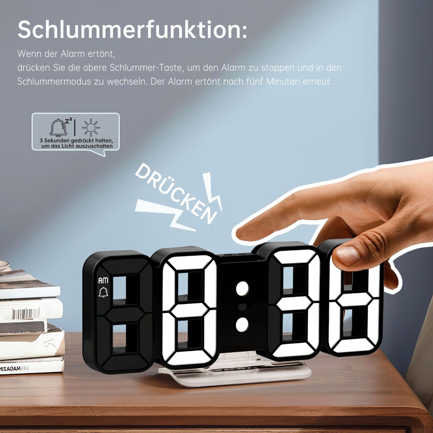 AIMAX Wecker Wecker uhr Dimmbar Stufenlos Digitalwecker Wanduhr 3 Einstellbaren Helligkeitstufen dimmbare Nachtlichtfunktion – Bild 5 von 5