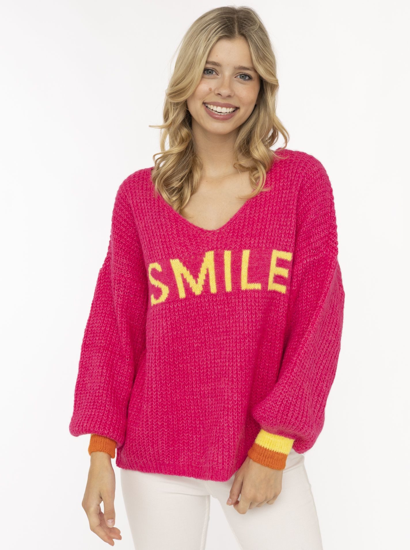 Zwillingsherz Strickpullover "Smile" Langarm, One Size, V-Ausschnitt, Neon-Details, Schriftzug