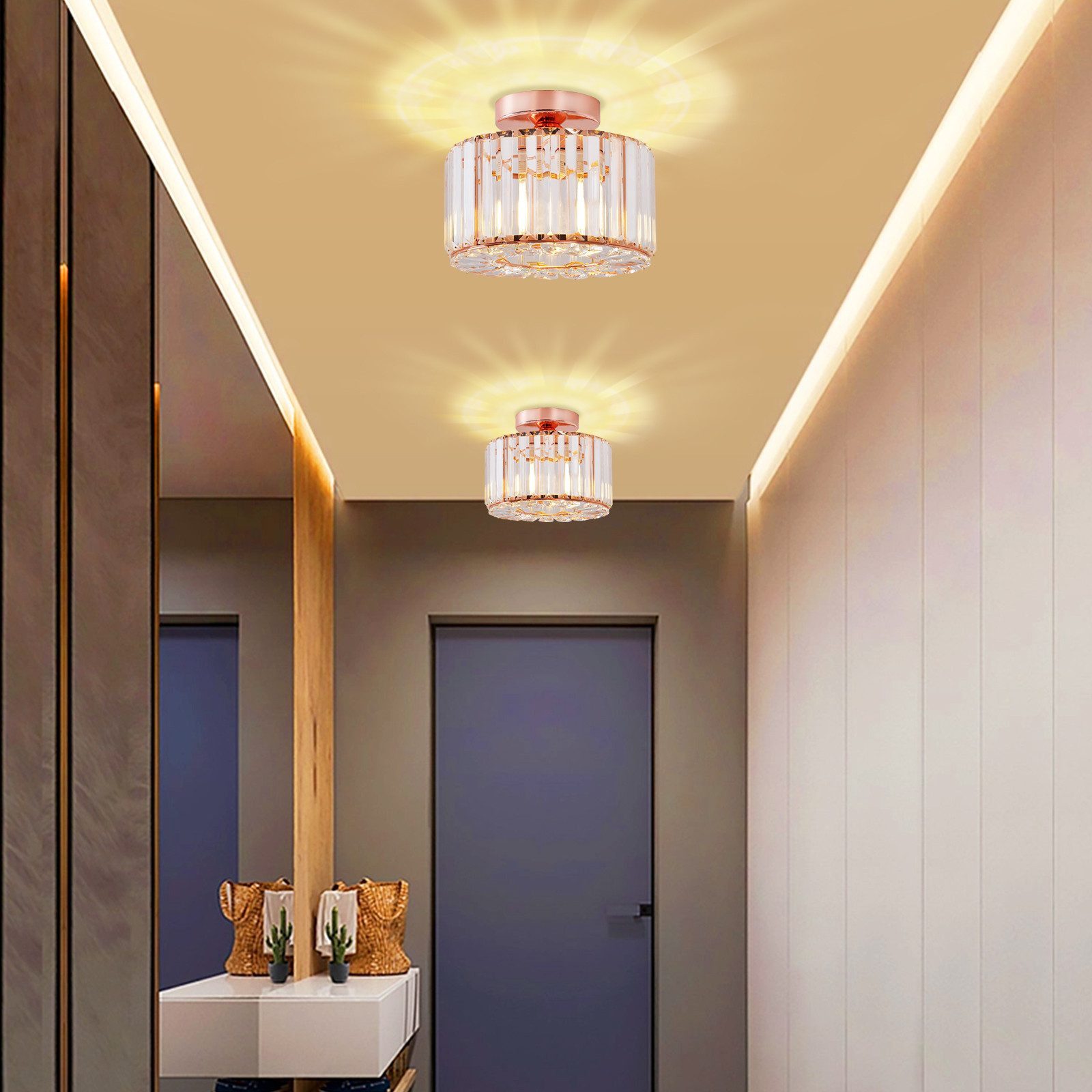 Ophy LED Deckenleuchte Moderner Kristall-Kronleuchter (halbaufgesetzt) mit Glasschirm, E27-Fassung, für Wohnzimmer, Schlafzimmer, Küche, Flur & Bad