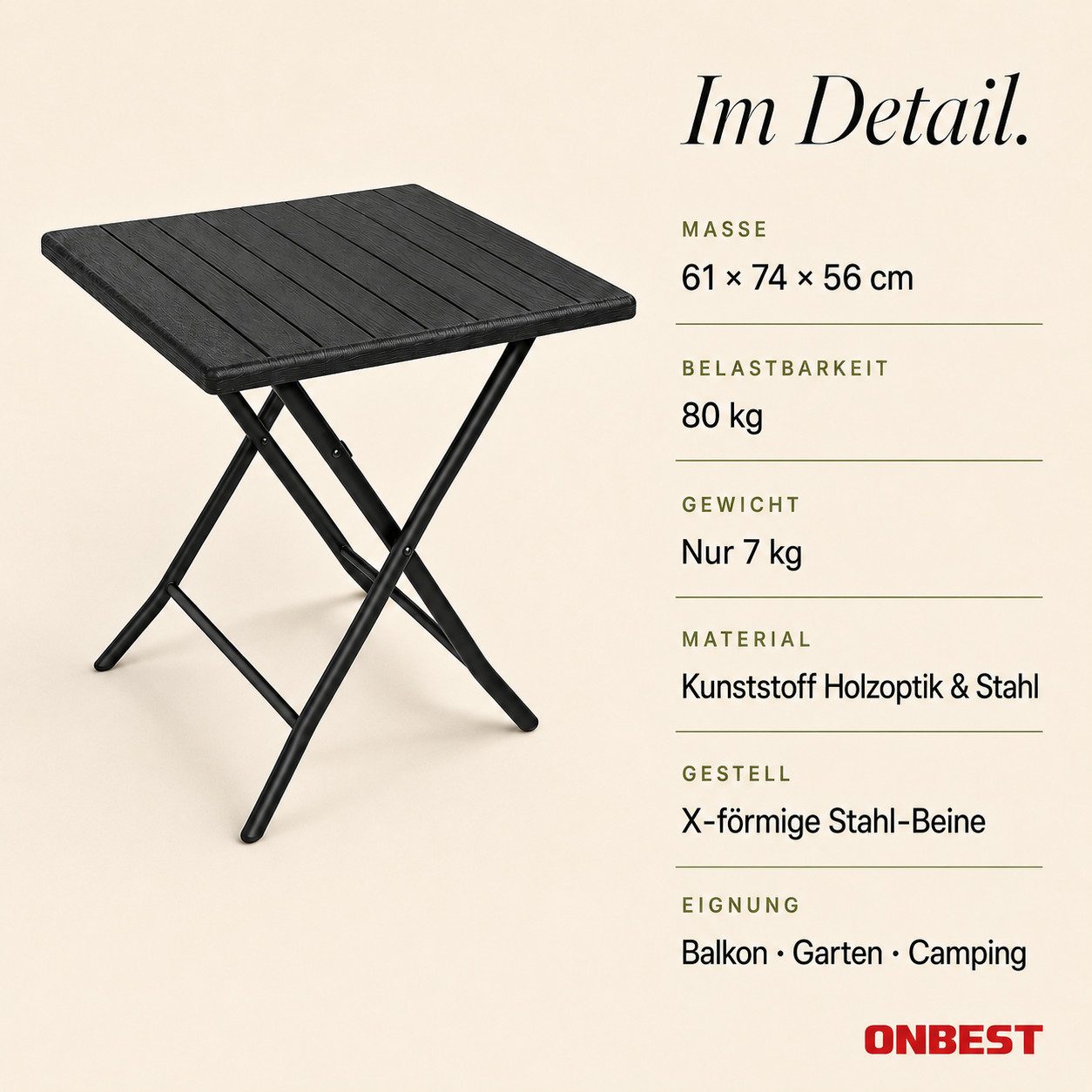 Onbest Klapptisch Balkontisch mit Holzoptik klappbar, 61x74x56cm (B x H x T), Stahlgestell, bis 80 kg