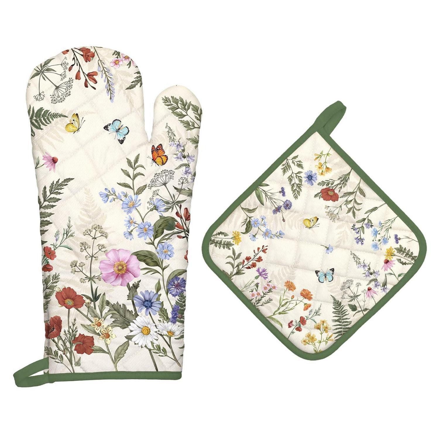 LuxusKollektion Topflappen Ofenhandschuh & Topflappen Set Wildblumen Baumwolle