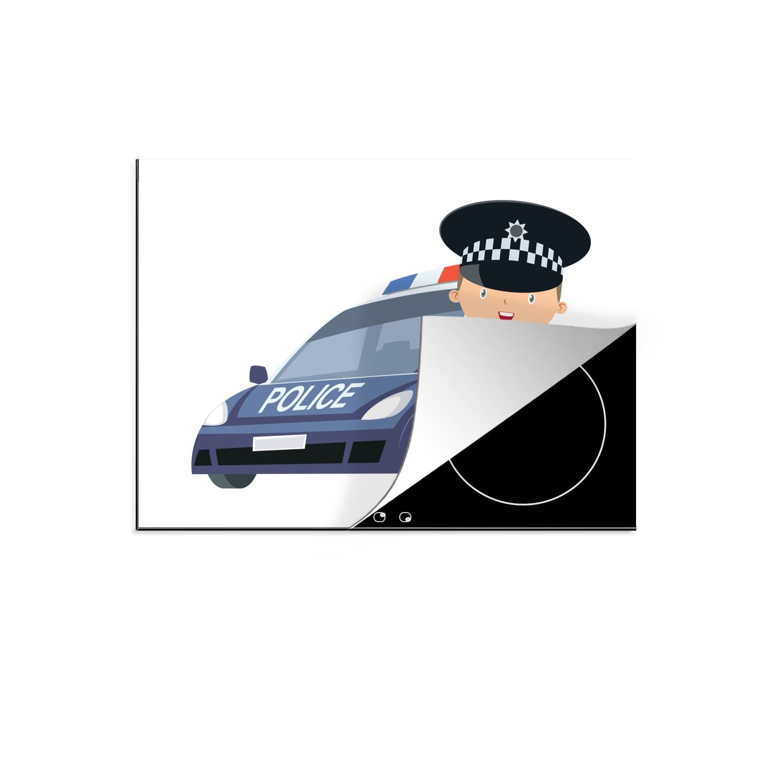 MuchoWow Herdblende-/Abdeckplatte Illustration eines Polizeiautos für Kinder, Vinyl, (1 tlg), 70x52 cm, Mobile Arbeitsfläche nutzbar, Ceranfeldabdeckung