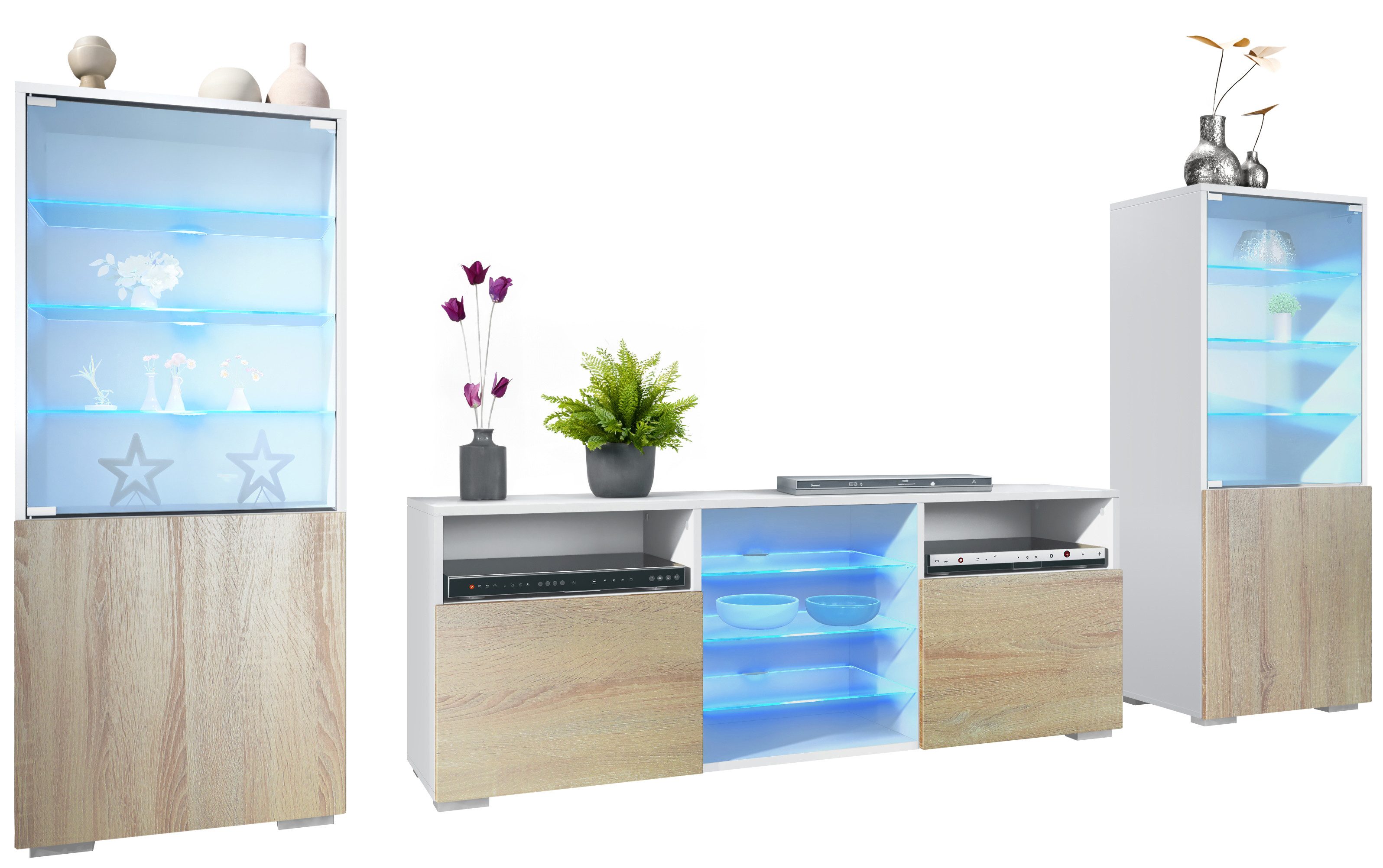 Vladon Wohnwand Granada, (Anbauwand, bestehend aus 2 Vitrinen, 1 TV-Board und LED-Beleuchtung), Weiß matt/Eiche sägerau (286 x 122,5 x 35 cm)