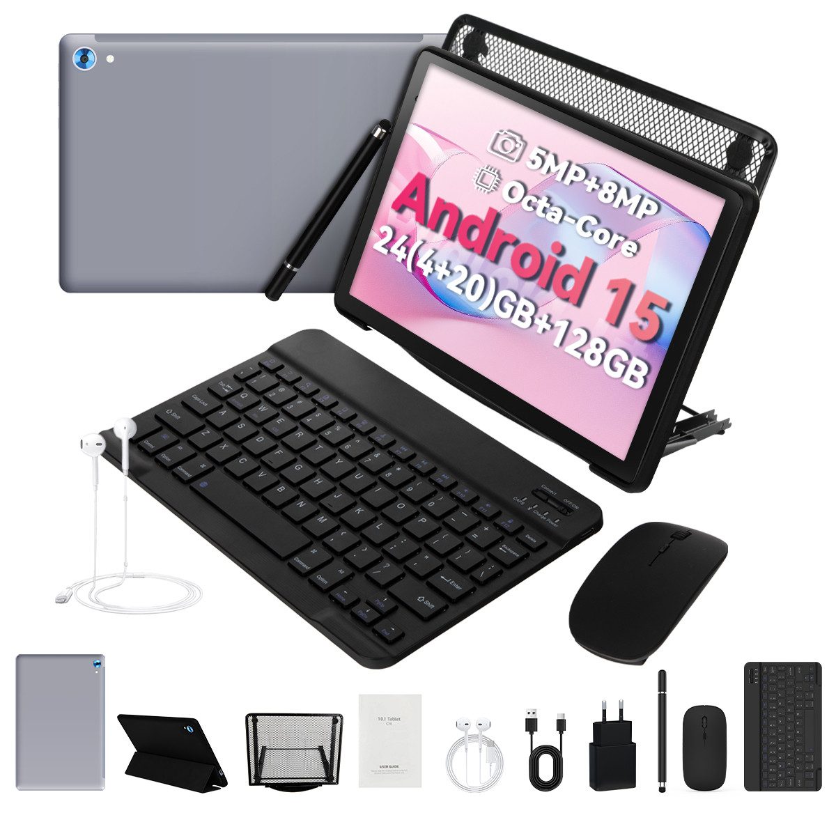 Happybe 10 Zoll 128GB 8-in-1 Kit mit Tastatur, Stift und Hülle Set Android 15 Tablet (10", 128 GB, Android, Widevine L1, mit Blaulichtfilter, WLAN 6 BT 5)