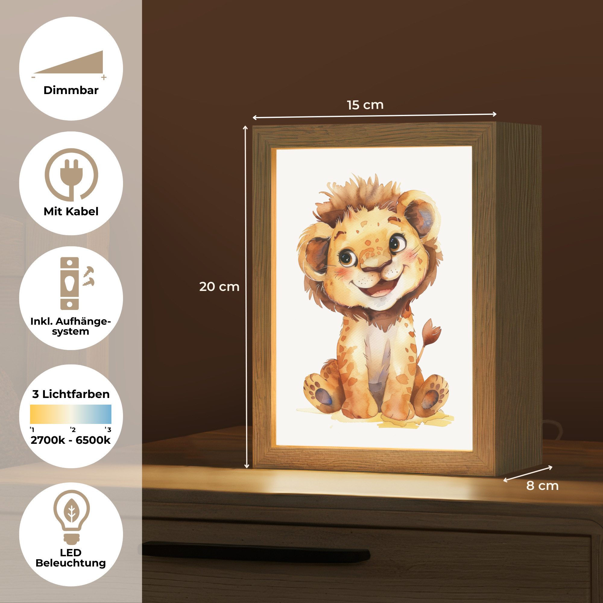 OnlyWow Nachttischlampe Lightbox Löwe - Tierbaby - Jungen, Dimmbar, Farbwechsel, LED, Warmweiß, Kaltweiß, Neutralweiß Einstellbar, Kinderzimmer, Babyzimmer, Dim – Bild 3 von 5